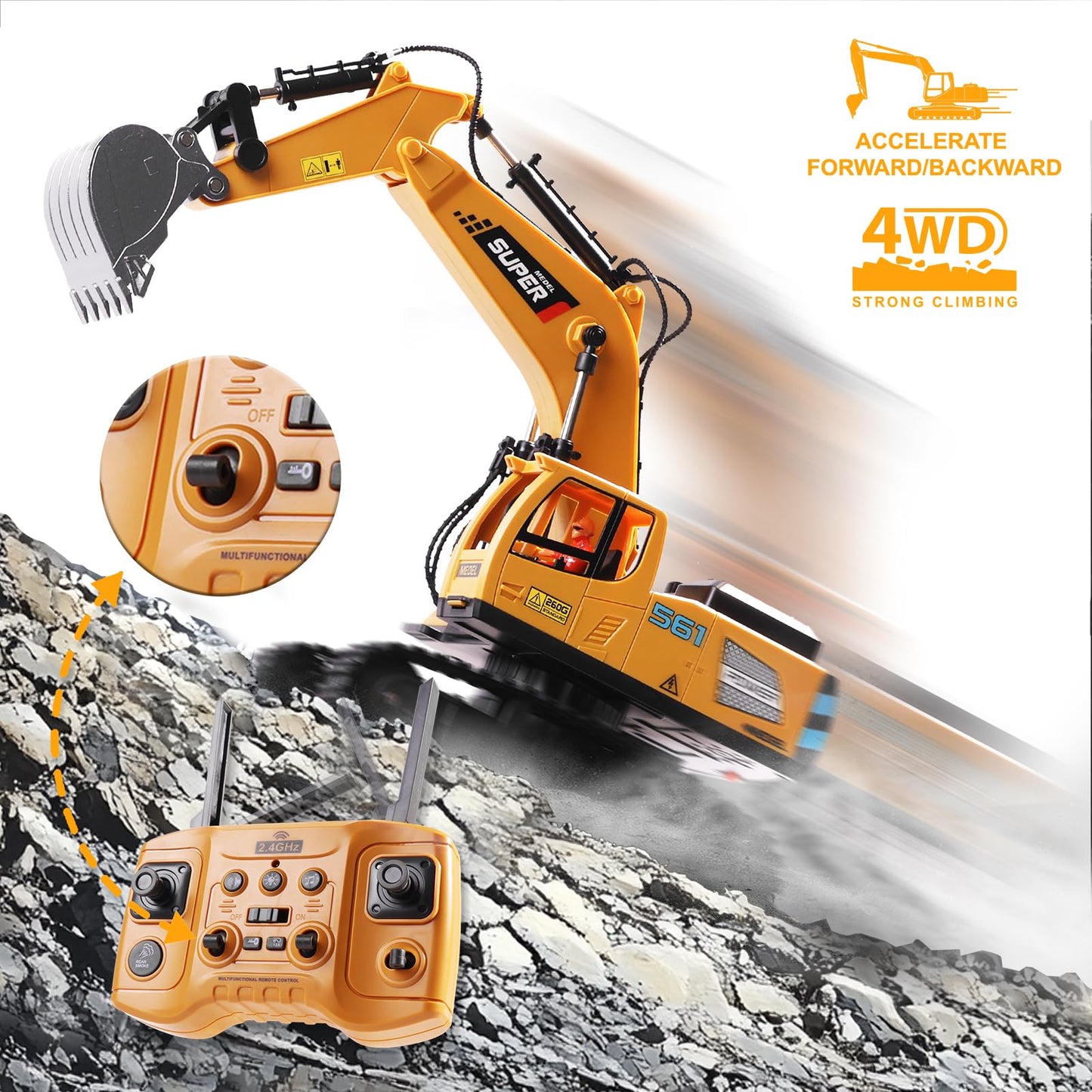 ViRockSign Remote Control Excavator Toys for Boys,16 Channel RC Excavator Construction Toys with Metal Shovel & Light,Simulated Smoke,Christmas Birthday Gift Toy for Boys 3-5 4-7 8-12 Year Old Kids