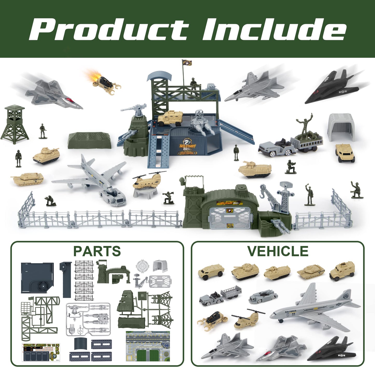 XDUOYJOY Military Base Toy, Army Toys Set with 13 Vehicles Airplane Tank Trucks Helicopter Fighter Jet, Play Mat with Army Men Action Figures and Accessories, Birthday Gift for Kids