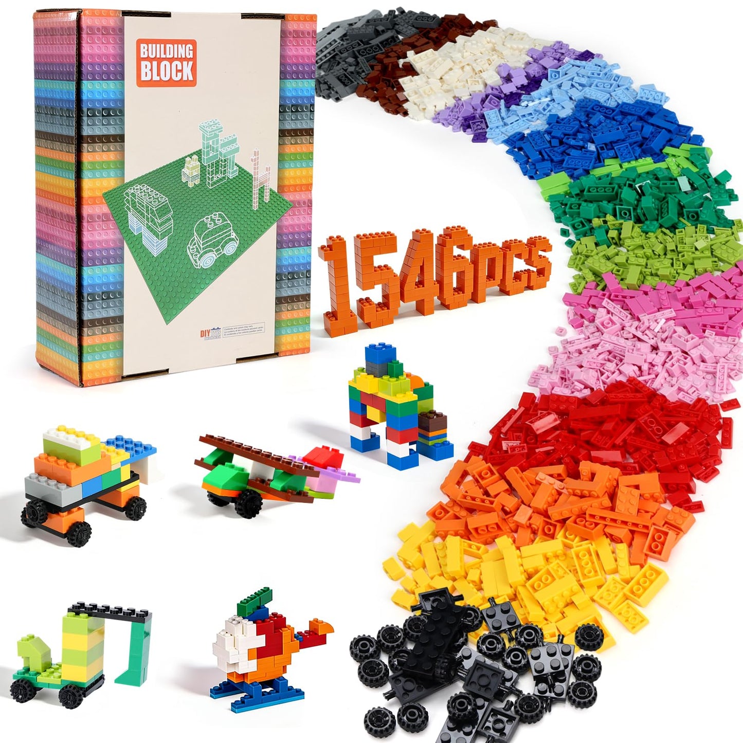 Lekebaby Classic 1546 Pieces Building Bricks with 46PCS Wheel Accessory Kit Basic Brick Set for Kids Creative Play, Compatible with All Major Brands, Educational Toy for Boys Girls 6 Years Old and Up