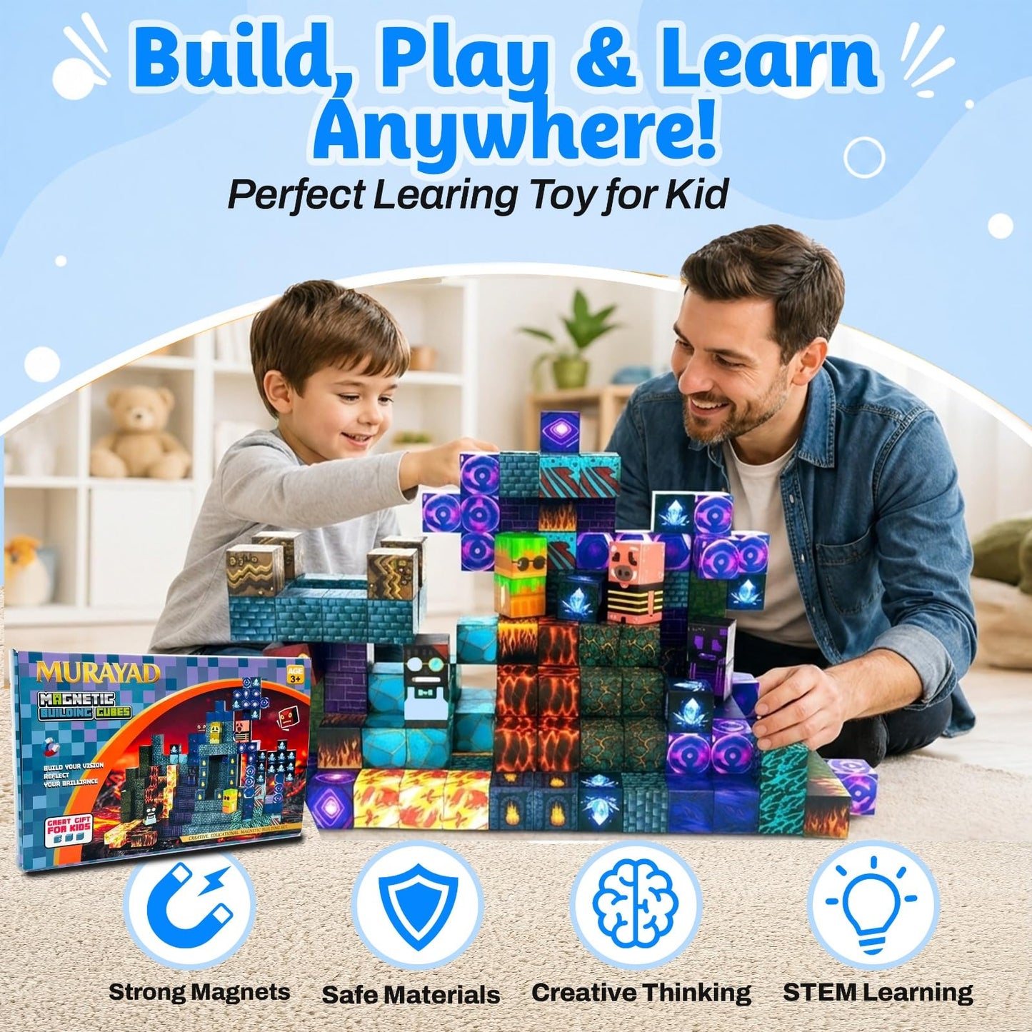 Murayad 200PCS Magnetic Blocks Set for Kids Ages 3+Educational Magnet Building Construction Blocks, Creative Sensory Montessori Preschool Learning Toys & Birthday for Toddlers, Boys & Girls