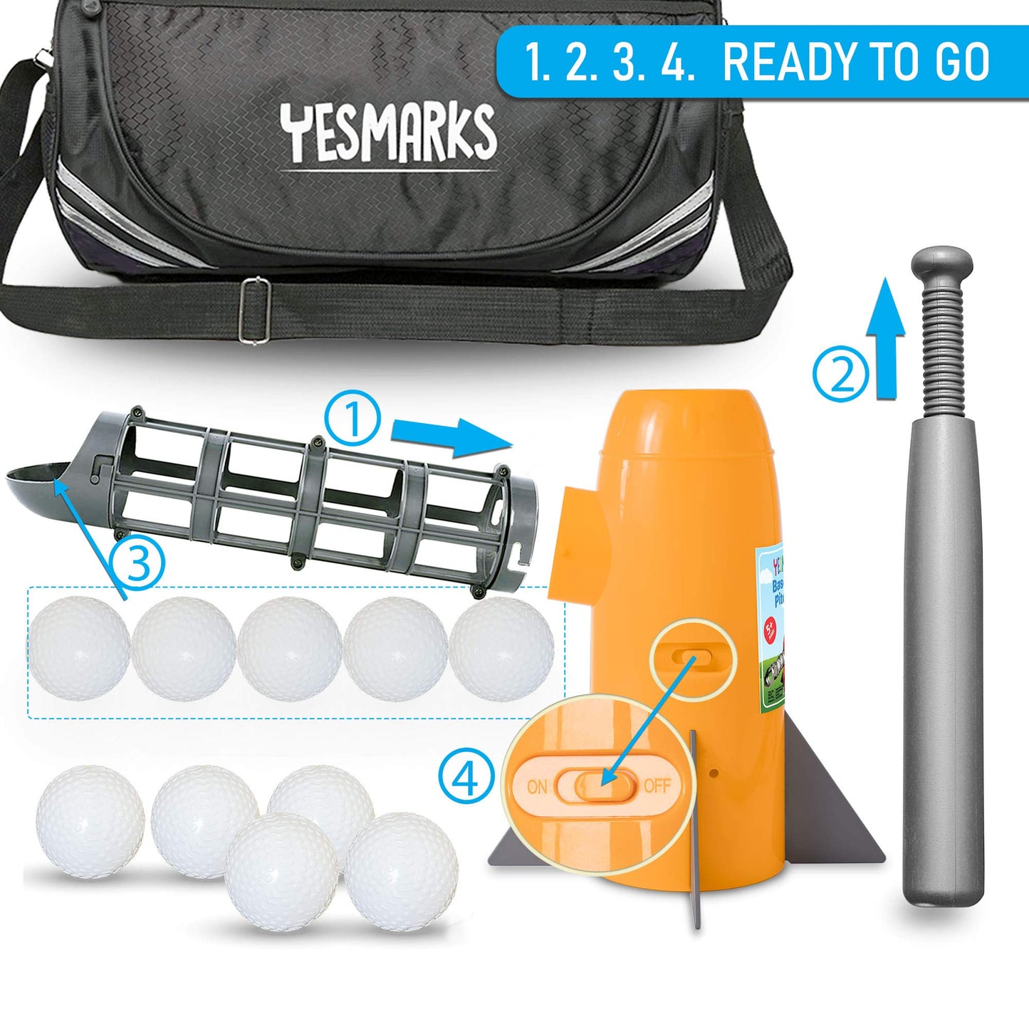 YESMARKS Kids Auto Baseball Pitching Machine Outdoor Toy Set - Training Equipment & Batting Practice Toys for Youth, Includes 10 Baseballs, Baseball Bat and Sports Bag
