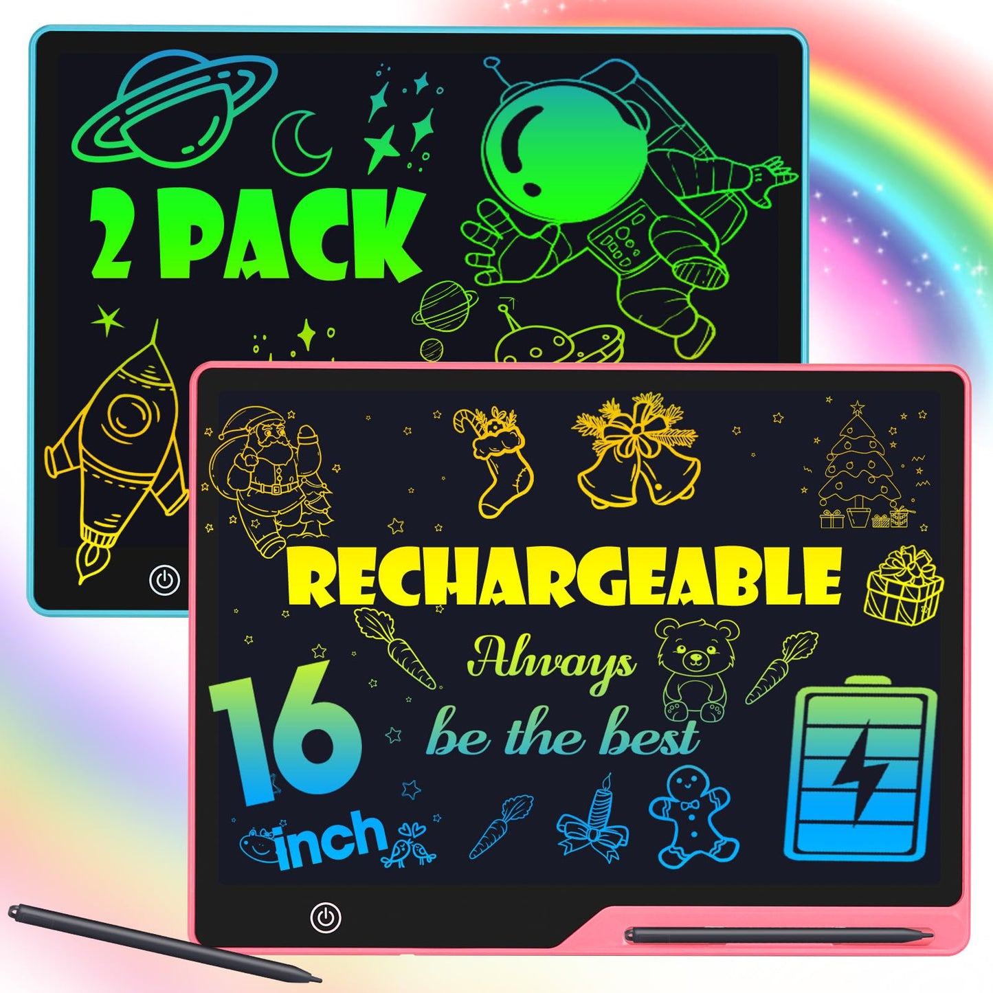 POPERFUN 2 Pack LCD Writing Tablet for Kids, 16 Inch Rechargeable Erasable Doodle Board Colorful Toddler Drawing Pads, Preschool Learning Toys Christmas Birthday Gift3 5 7Year Old Girls Pink and Blue