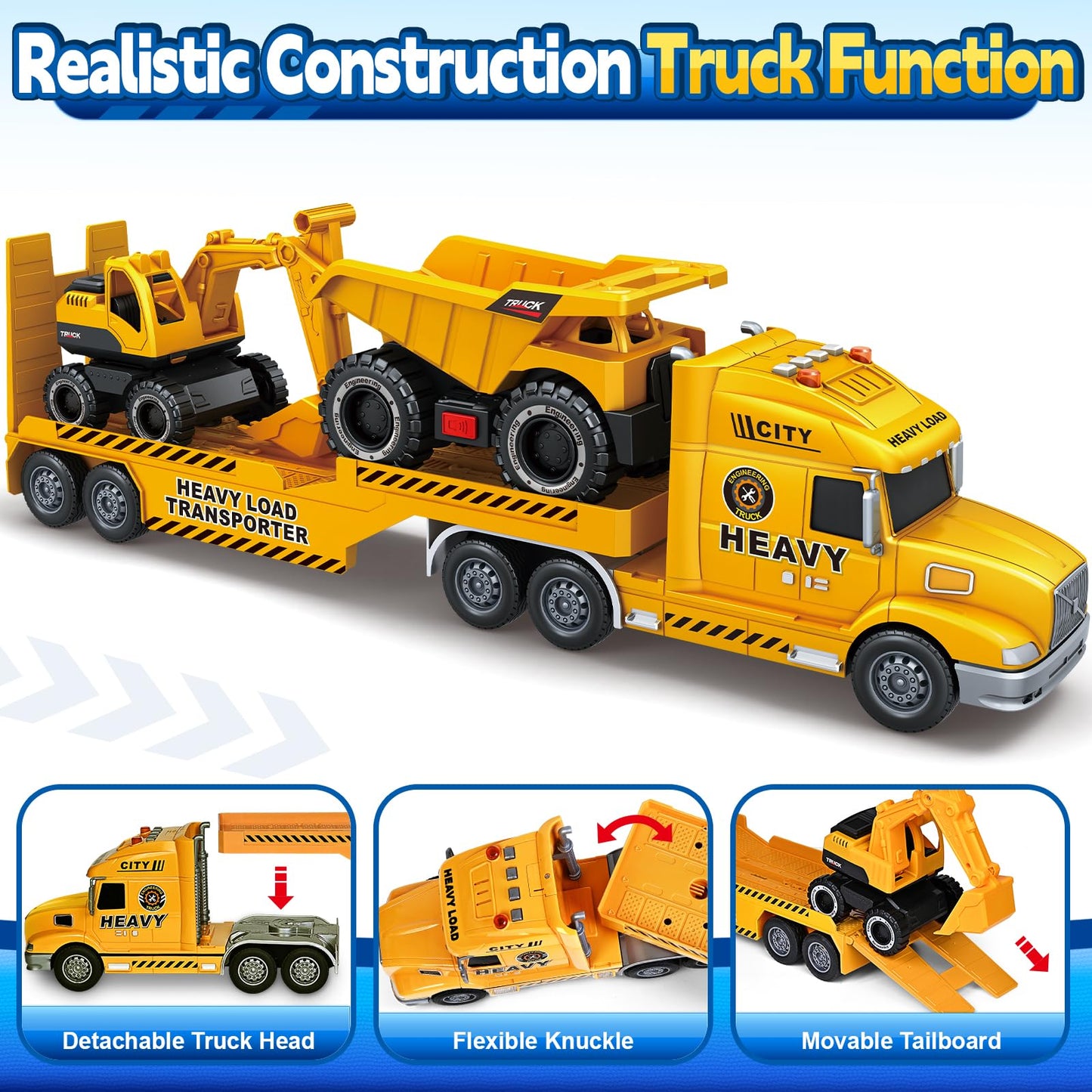 Bstoyder Toddler Boy Toys for 3 4 5 6 7 Years Kids, 27" Semi Construction Carrier Truck Toy with Excavator and Dump Truck, Friction Powered Toys with Lights and Sounds, Birthday for Boy Girls