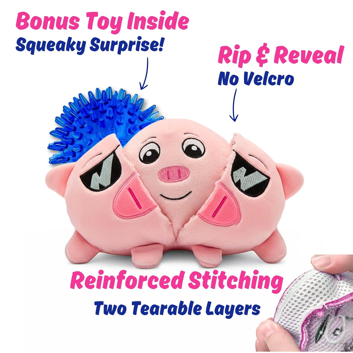 3 in 1 Squeaky Soft Plush Durable Dog Chew Toy for Aggressive Chewers, No Stuffing Interactive Tough Rip & Reveal Crinkle Pink Pig Ball in Gift Box, Puppy, Small & Large Breed Pets Birthday Present