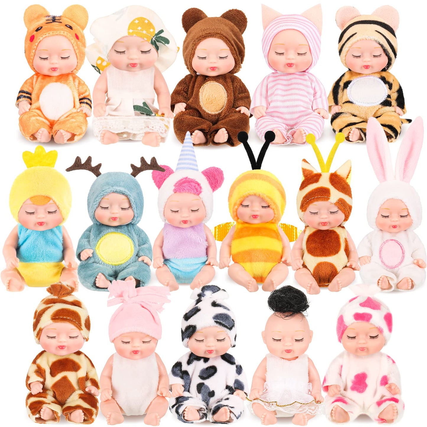 Retrowavy 16 Pcs 4 Inch Mini Reborn Baby Dolls Lifelike Realistic Tiny Baby Doll with Animal Clothes Cute Infant Figurine Gifts Set for Teens Girls Boys Toddlers Kids 3+ Birthday Gifts Big Fillers