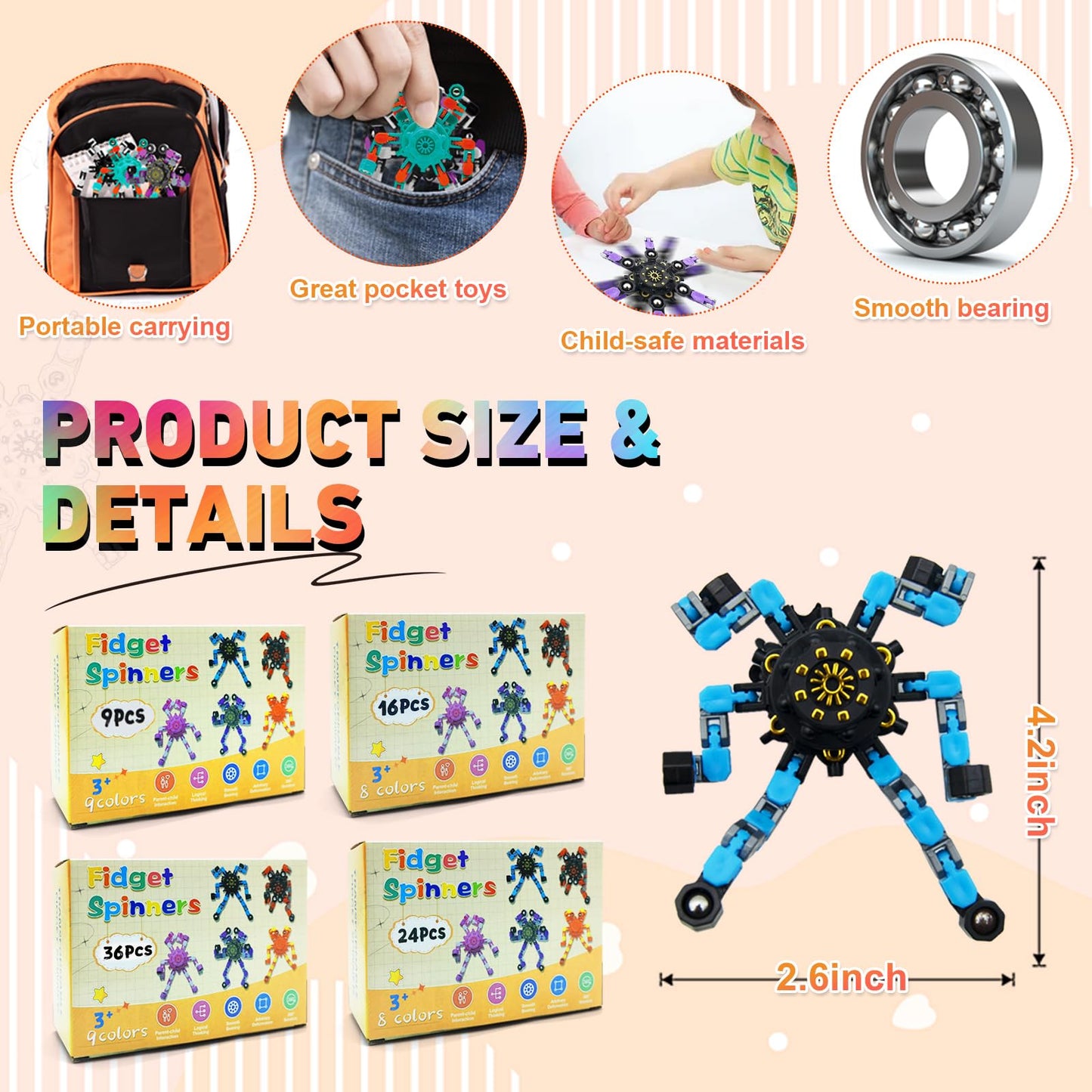 Transformable Fidget Spinners,Kids Easter Basket Stuffers Funny Stress Relief Sensory Fidget Toys,Deformable Chain DIY Robot Fingertip Gyros Toys Party Favors Easter Basket for Kids and Adults (16PC)