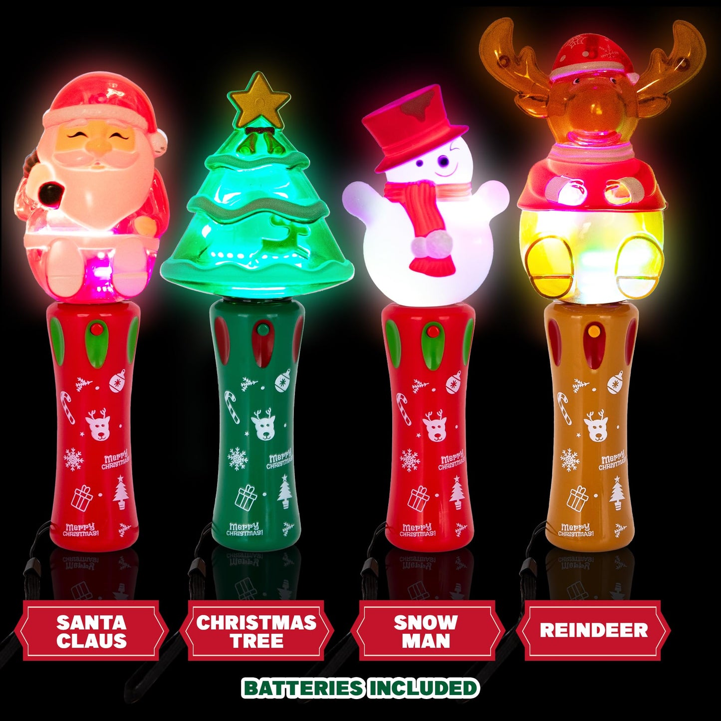ArtCreativity Christmas Light Up Spinner Wands – Set of 4 Festive Designs with Multicolored LEDs – Fun Christmas Light Up Toys and Spinning Wands for Kids, Great Holiday Stocking Stuffers and Gifts