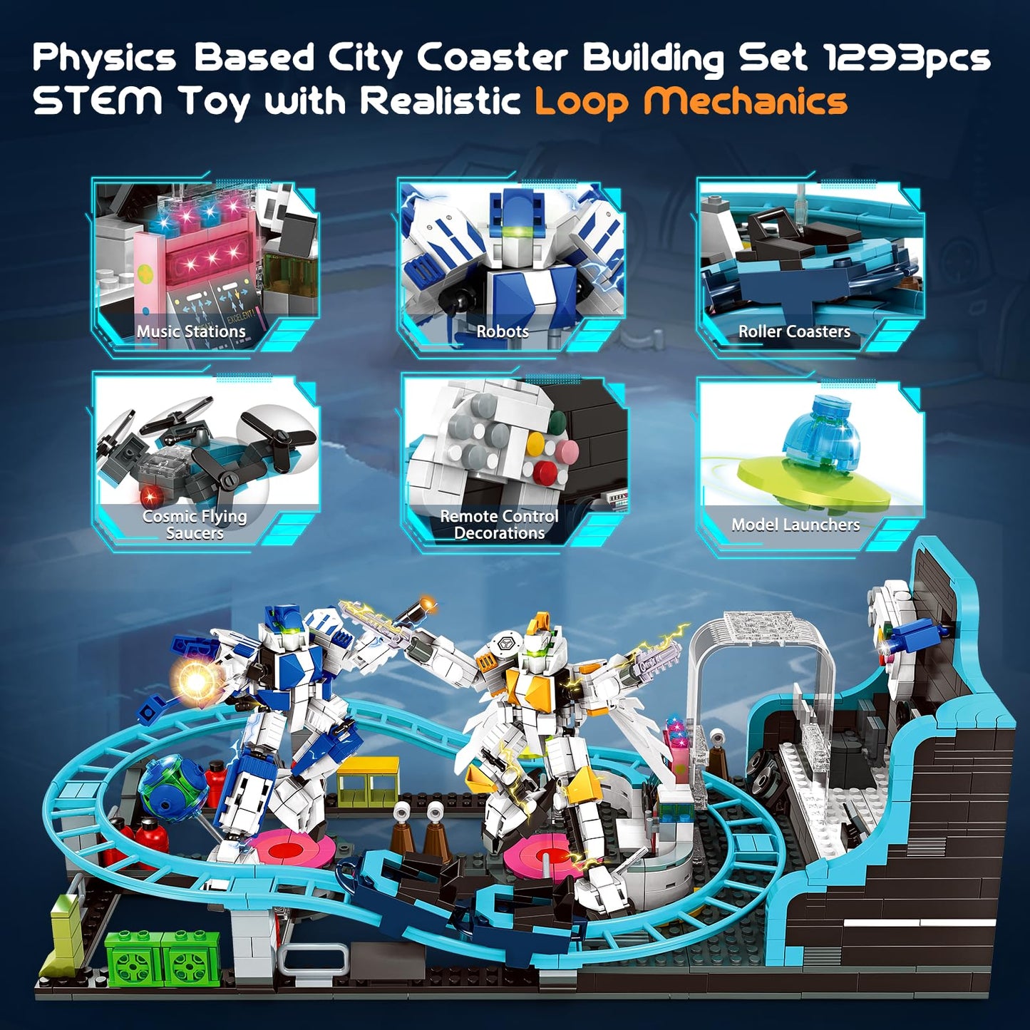 Rongmeiz Space Roller Coaster Building Toy for Kids 6+,1293 PCS Robot Roller Coaster Amusement Park Block Building Set Interactive Space Station Construction Kit Birthday Gift for Boys & Girls 6+
