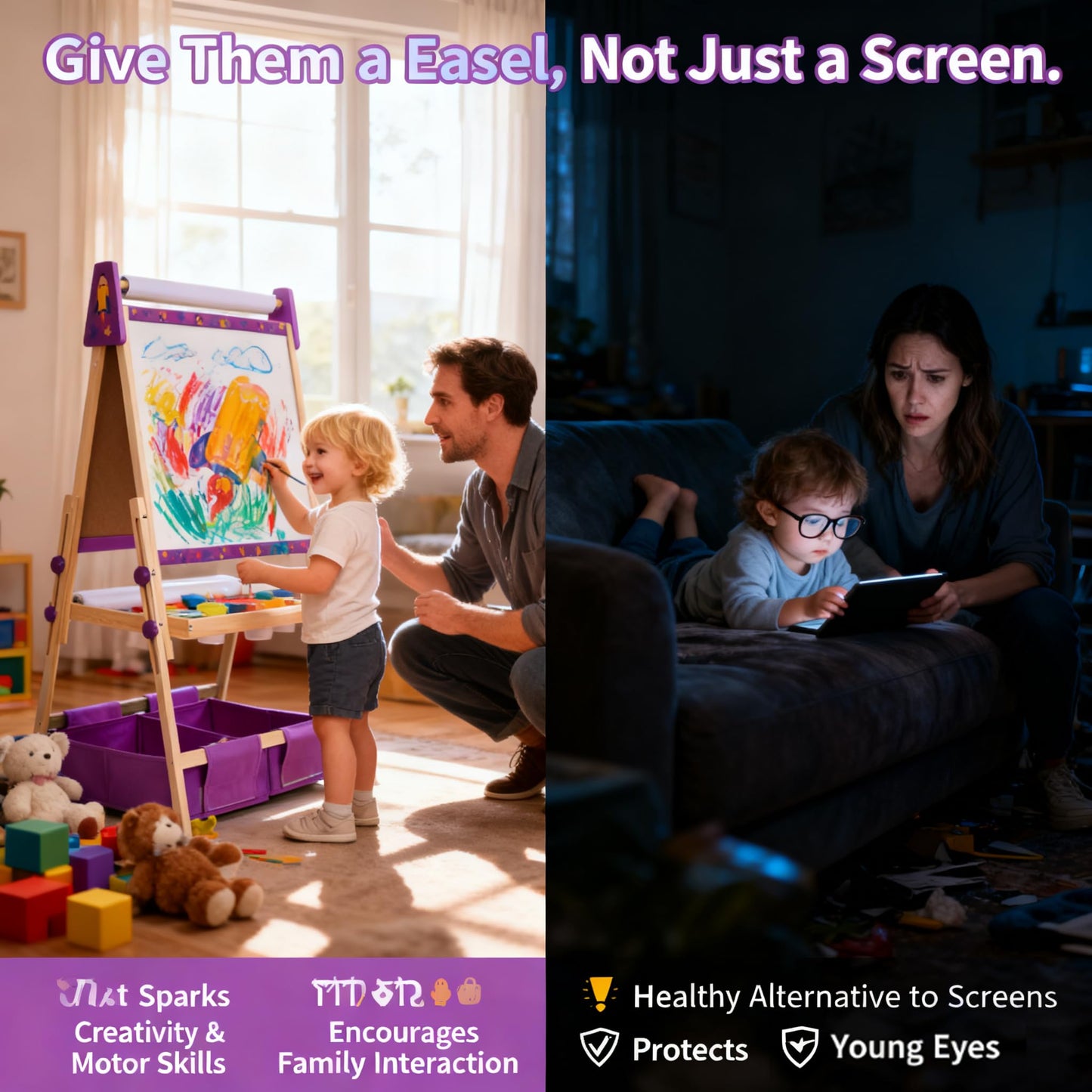 Purple Art Easel for Kids, Kids Art Easel with 3 Paper Roll, Magnetic Whiteboard and Chalkboard,Adjustable Standing Wooden Toddler Easel for Painting Double Sided,3in1 Painting Easel for 2-4 4-8 Gift