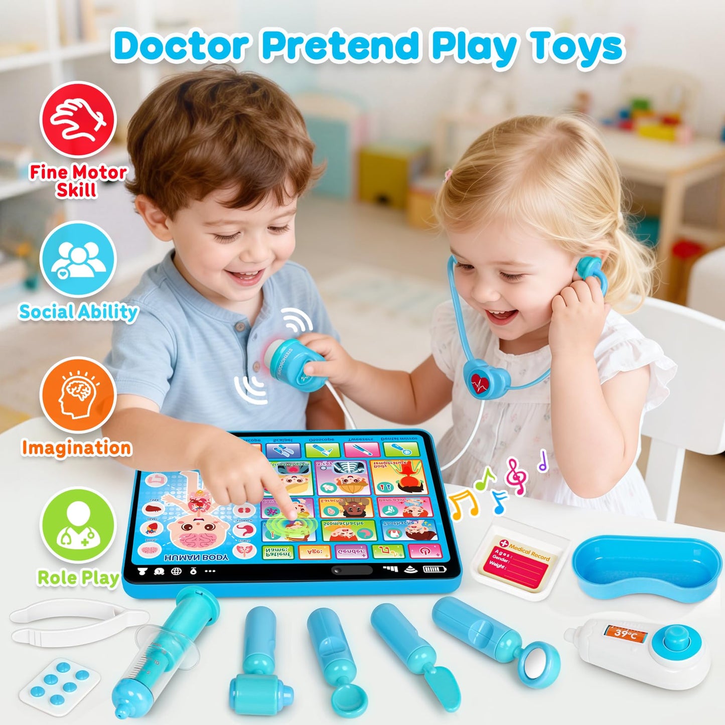 Doctor Kit for Toddlers 3-5 Kids Doctors Play Set with Interactive Learning Tablet Toys for 3 Year Old Boy Girl Pretend Play Toys with Sound & Music Stethoscope Birthday Gift Baby Toddler Toys 2-3 2-4
