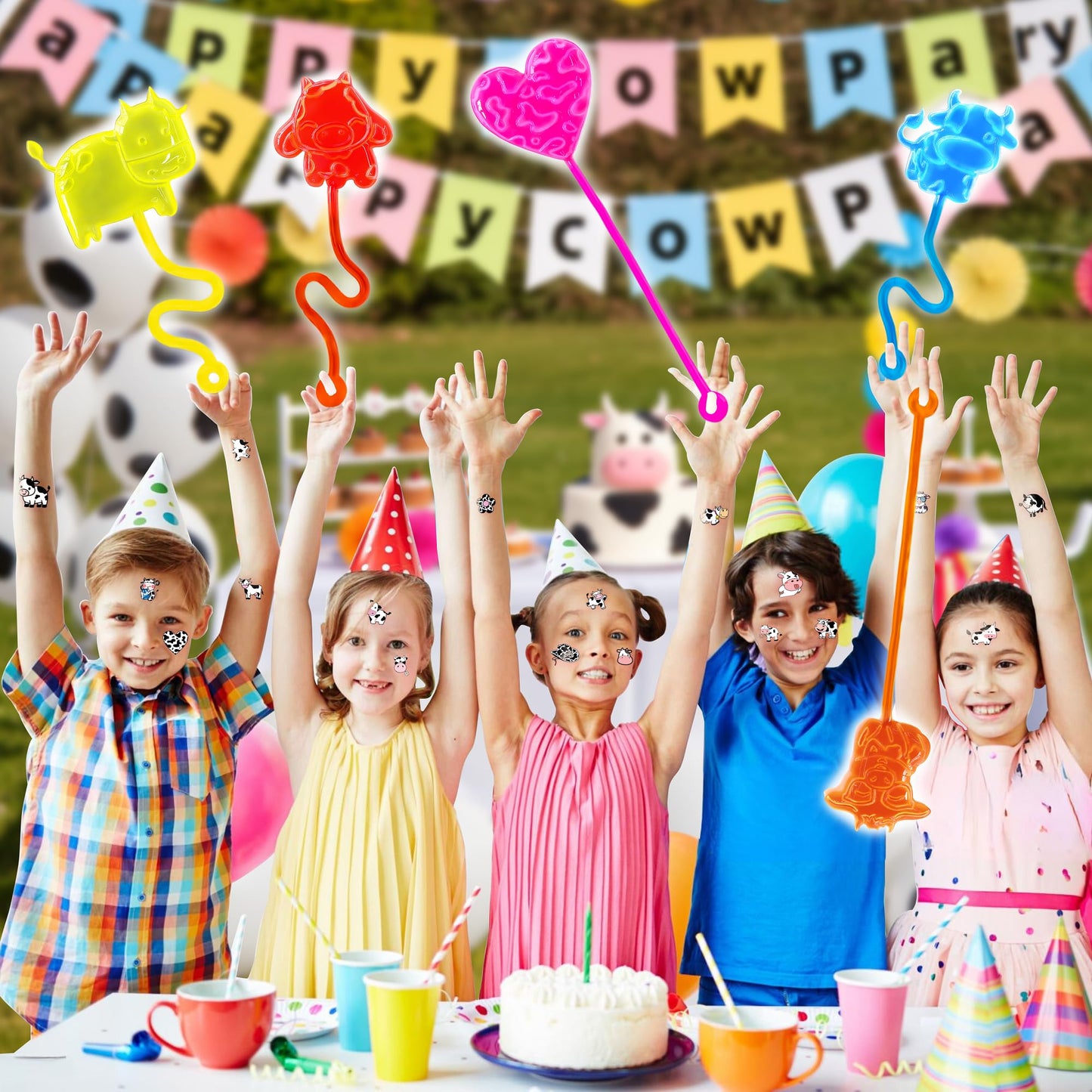 48PCS Cow Party Favors - 24PCS Cow Temporary Tattoos & 24PCS Cow Stick Hands Party Favors - Perfect Birthday Favors, Goodie Bag Stuffers, Treasure Box Toys, Classroom Prizes, and Student Gifts