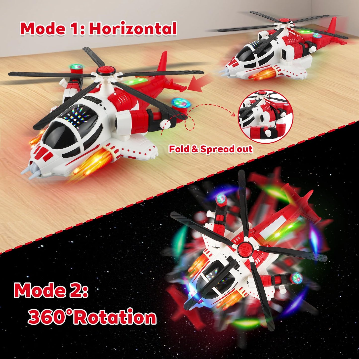 victob Helicopter Toy for Toddlers with Lights and Music, 360° Rotating Airplane Toy for Kids, Bump-and-Go Action, Birthday Gift for Boys Girls Ages 3-7 (Red)