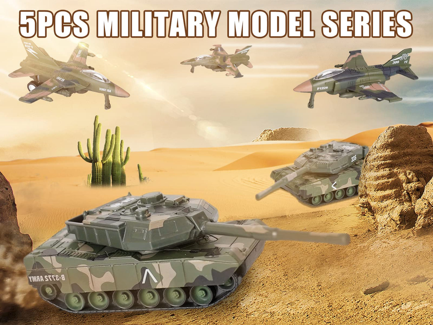 Crelloci 5 Pack Die Cast Fighter Jet Tank Toy, Pull Back Army Toys Vehicle Set, Camouflage Bomber Airplane Tank Vehicles, Military Air Force Playset for Kids Toddlers, Boys Age 3+ (B)
