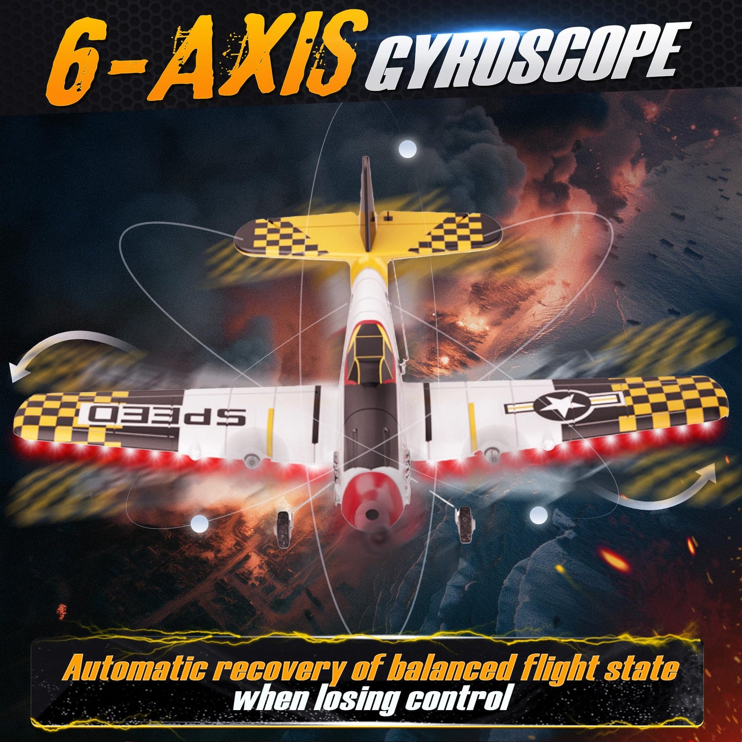 BEZGAR RC Plane, Drones for Kids, 6-axis Gyro Remote Control Airplane, RC Helicopter, Easy Control for Beginners Toys with Colorful LED Navigation Lights Yellow