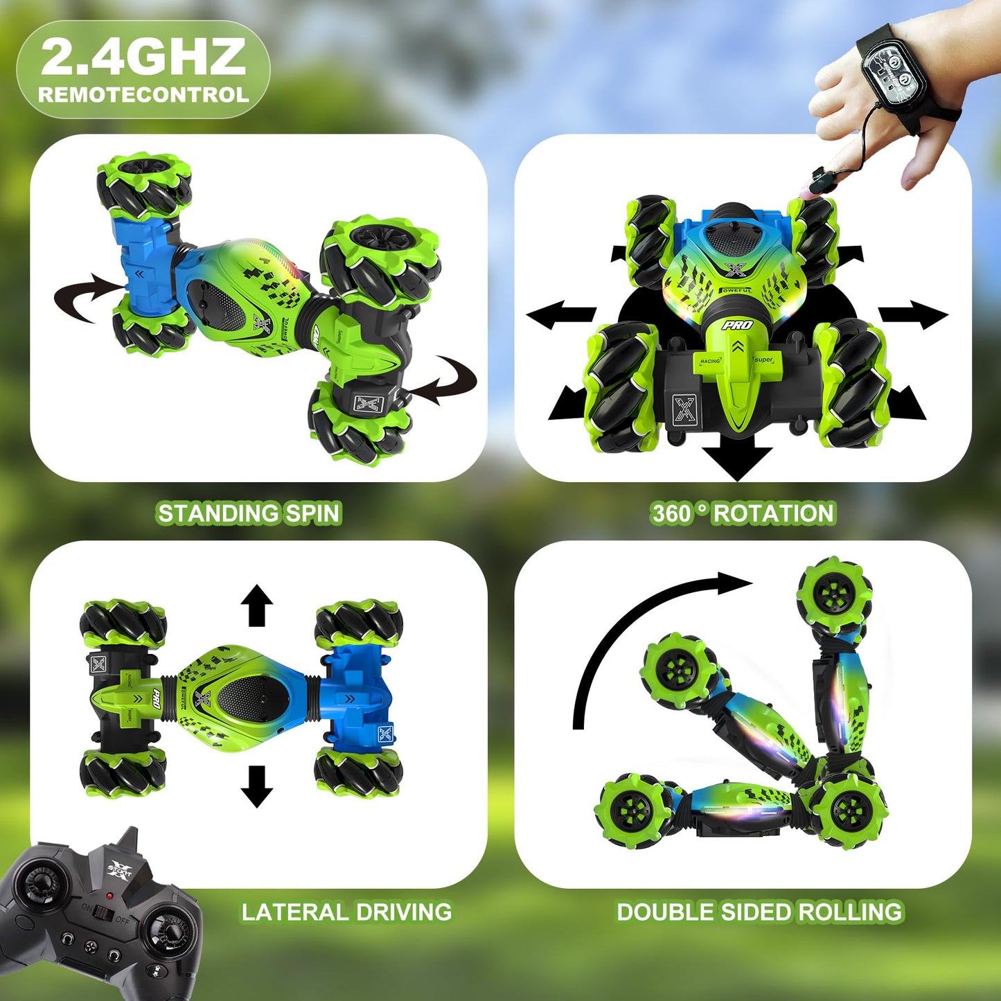 HOSHIPLAY Gesture RC Car Green, 1:24 4WD Transform Off-Road Stunt Car with Gesture & Remote Control, 360° Flips Drift Vehicle with LED Lights Music, All Terrain Toy Cars Gifts for Boys Girls Age 6-12