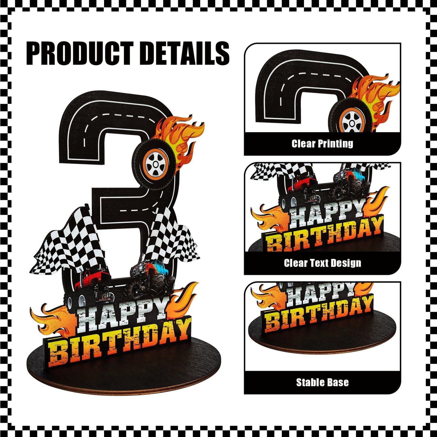 Truck Birthday Number Sign Centerpiece, Truck Wooden Decoration Photo Props for Truck Birthday Decorations (3rd)