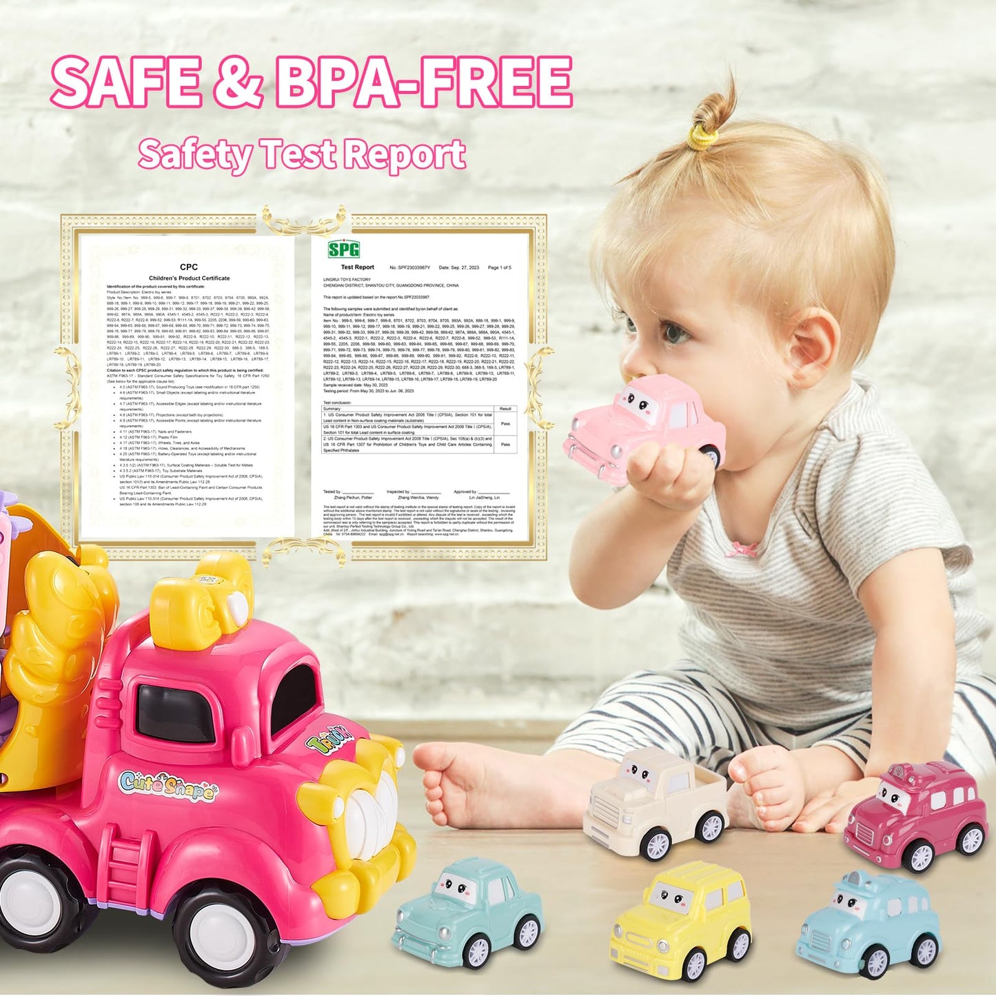 Sciencow Toddler Girls Cars for 1 2 3 4 5 Year Old,7-in-1 Pink Princess Foldable Transport Carrier Trucks with Lights and Music,Birthday Presents for 1-3 3-5 Yrs Old Babys