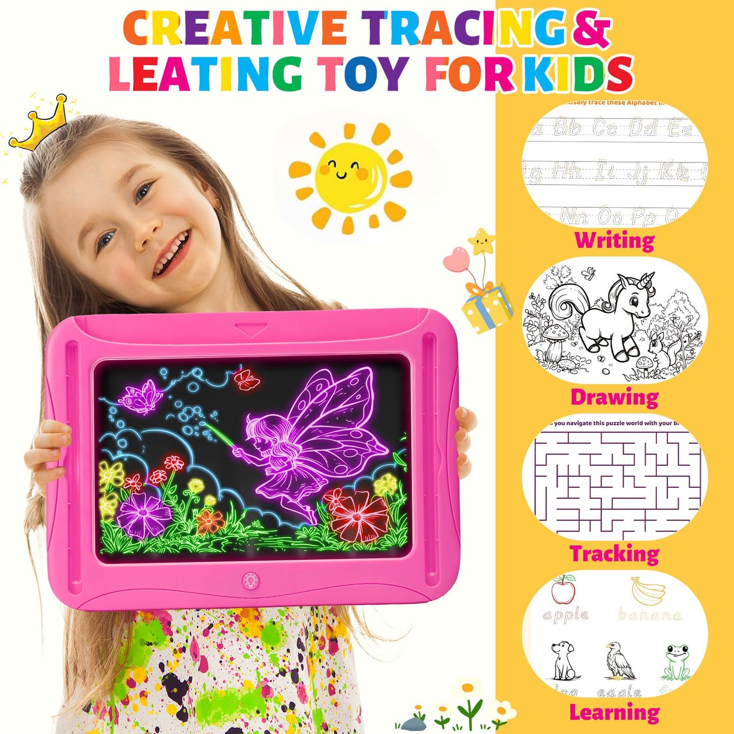 Ultimate LED Drawing Board for Kids Ages 5-7, Girls Toys Age 6-8, Christmas Birthday Gifts, Light Up Tracing Pad, 9 Double-Sided Cards, 6 Markers, Arts Crafts Learning Toy, Magic Doodle Writing Tablet