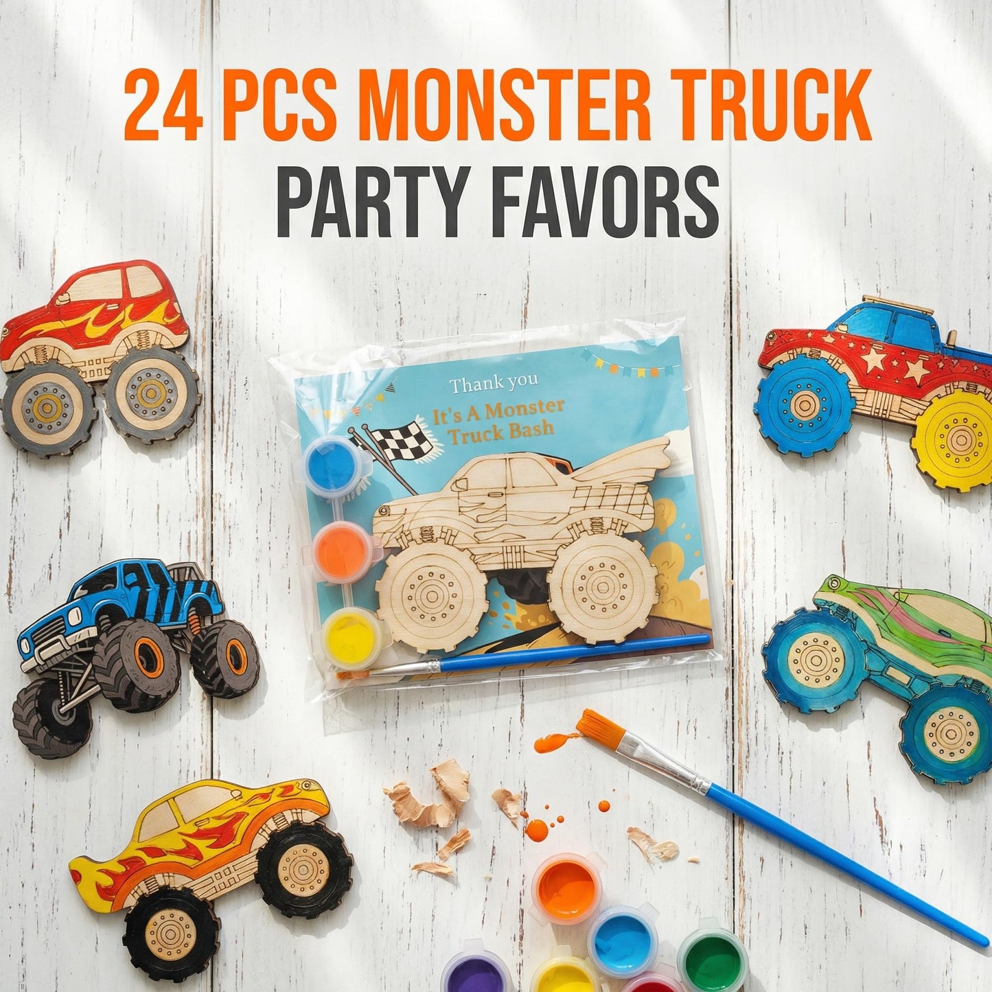 WORGO 24 PCS Monster Truck Party Favors, DIY Painting Kits with 6 Unique Wooden Trucks, Crafts for Kids Ages 4-8 Birthday Party Interactive Game and Goodie Bag Fillers