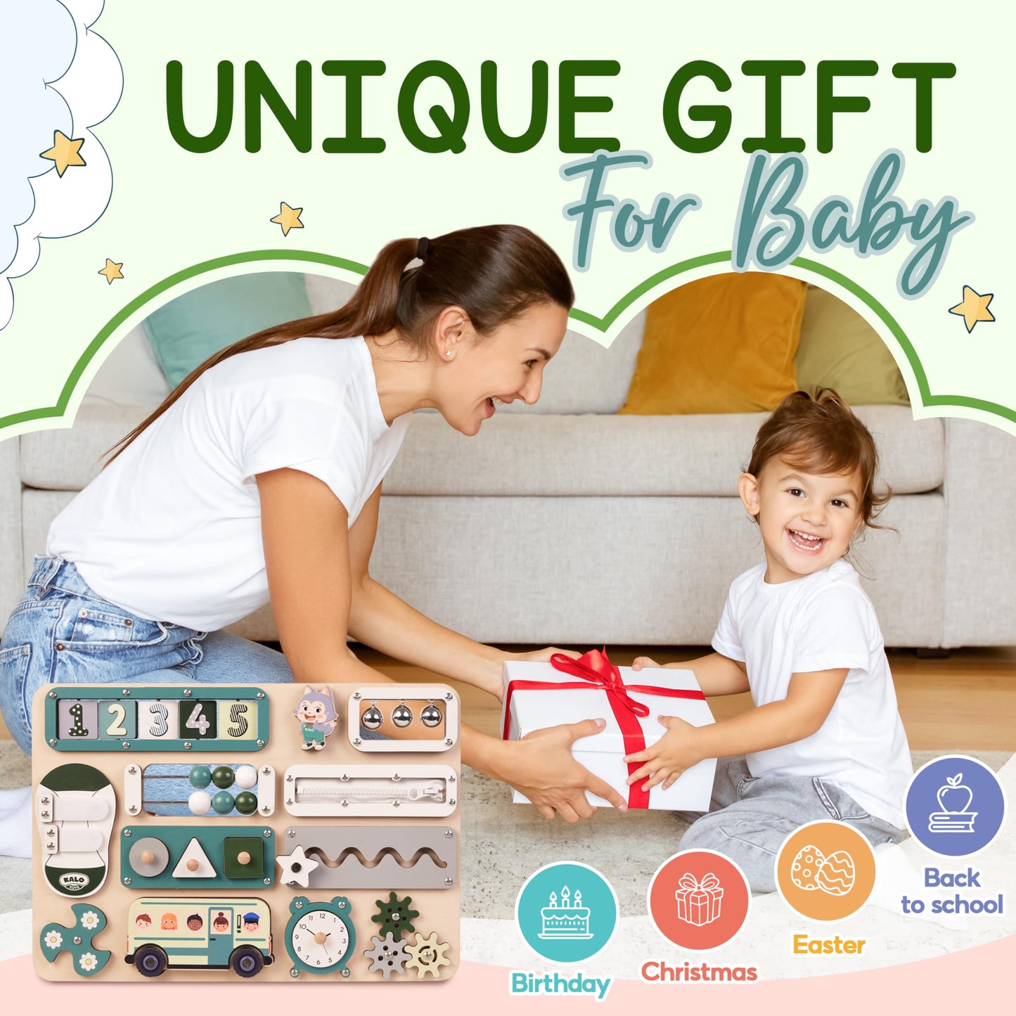 KALOTOYS Large Montessori Busy Board for Baby & Toddlers 1-3 — 17-Inch Wooden Sensory Activity Board — Fine Motor Skills & Early Learning Educational Toy for 1 2 3 Year Old, Travel Friendly & Safe