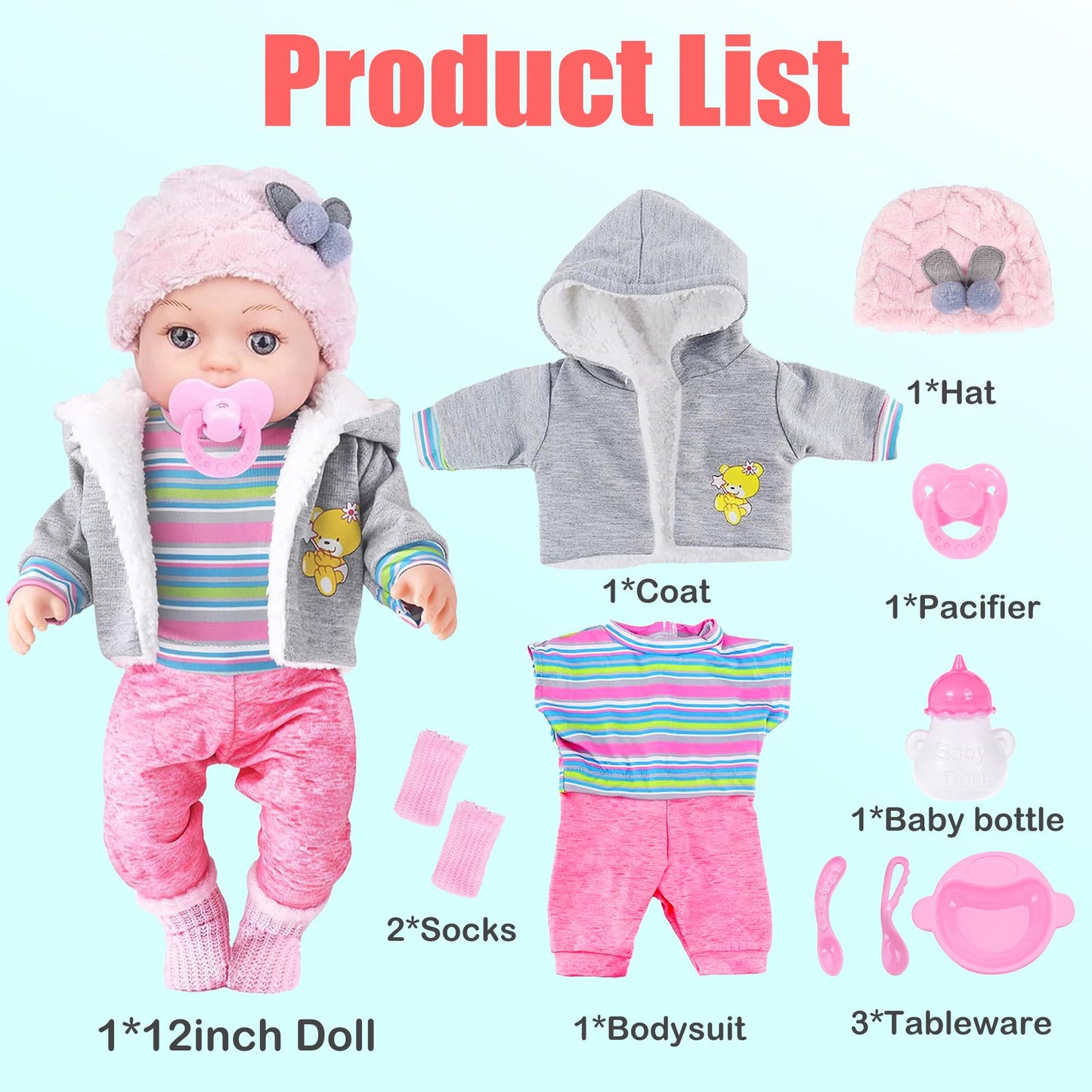 dollbie 12 Inch Realistic Baby Doll with Outfits & Feeding Accessories - Lifelike Baby Doll with Pacifier, Bottle & Feeding Set, Ideal Gift for Toddler Girls Age 3+