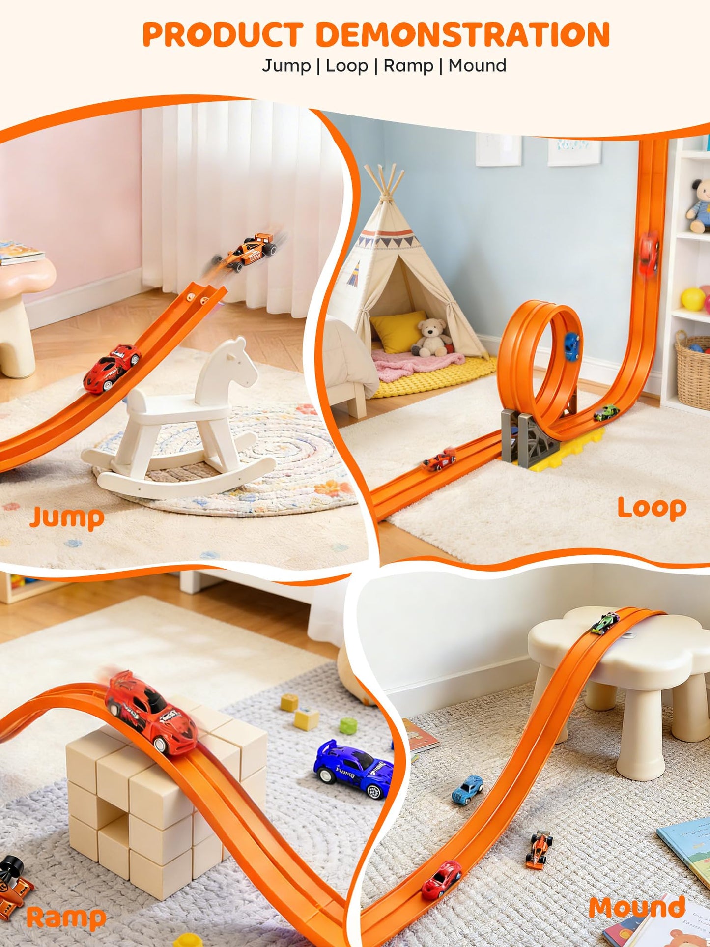 Innovakids Flexible Race Track for Kids - 16.4 Ft Portable Rolls Up Circular Track with Bracket 4 Racing Cars Suction Cup, 3+ Years Car Ramp Kid Toy Compatible with Normal Diecast 1/64th Cars (Orange)