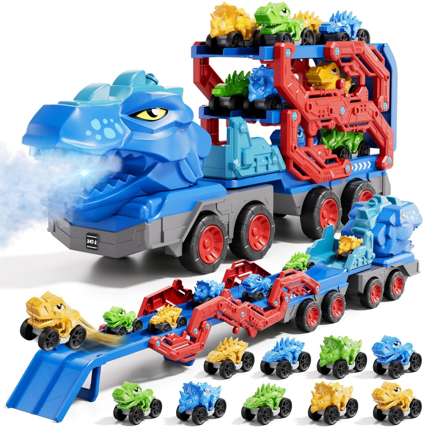10 in 1 Dinosaur Truck Toys for Kids Toddlers Boys 3-5 4-8, Dino Carrier Truck with Foldable Track, Spray, Light & Sounds and 9 Dino Cars, Birthday Gifts for Kids Boys Girls 3 4 5 6 7 8 Year Old