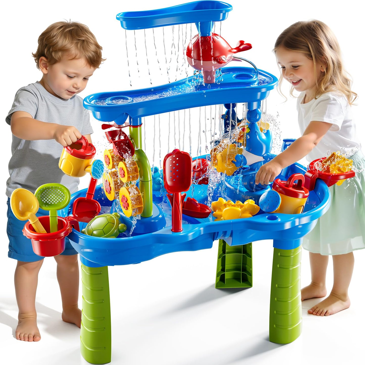 JUKUDAHU 3-Tier Water Table for Kids Ages 4-8 3-5, Sand and Water Table for Toddler with Beach Toys, Outdoor Toys Activity Sensory Play Table, Birthday Gifts for Toddlers 2 3 4 5 6 7 8 Boys Girls