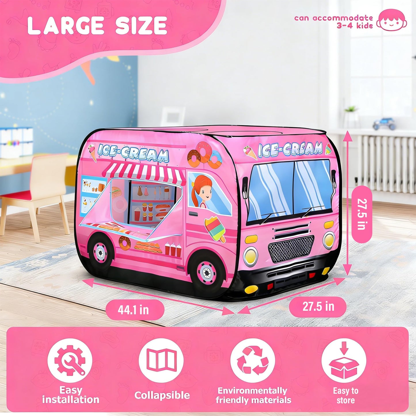 DOOLMIN Pop Up Play Tent for Kids - Foldable Indoor & Outdoor Playhouse Vehicle Toys for Toddlers, Boys and Girls - 2 Openings, Flat-Folding for Compact Storage(Ice Cream Car,Pink)