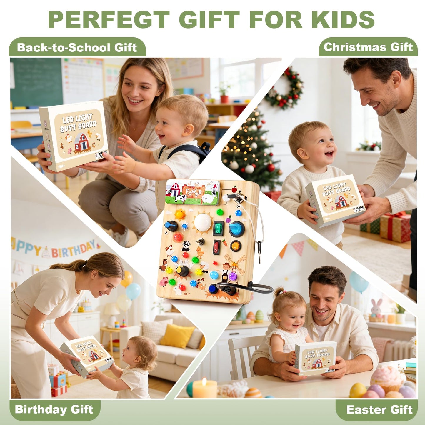 Busy Board for Toddlers 1-3 - Montessori Educational Sensory Toy with 10 Switches & 19 Lights, Activity Board for Fine Motor Skills, Travel Toys for 1+ Year Old Boy & Girl Birthday Gift（Farm Theme）
