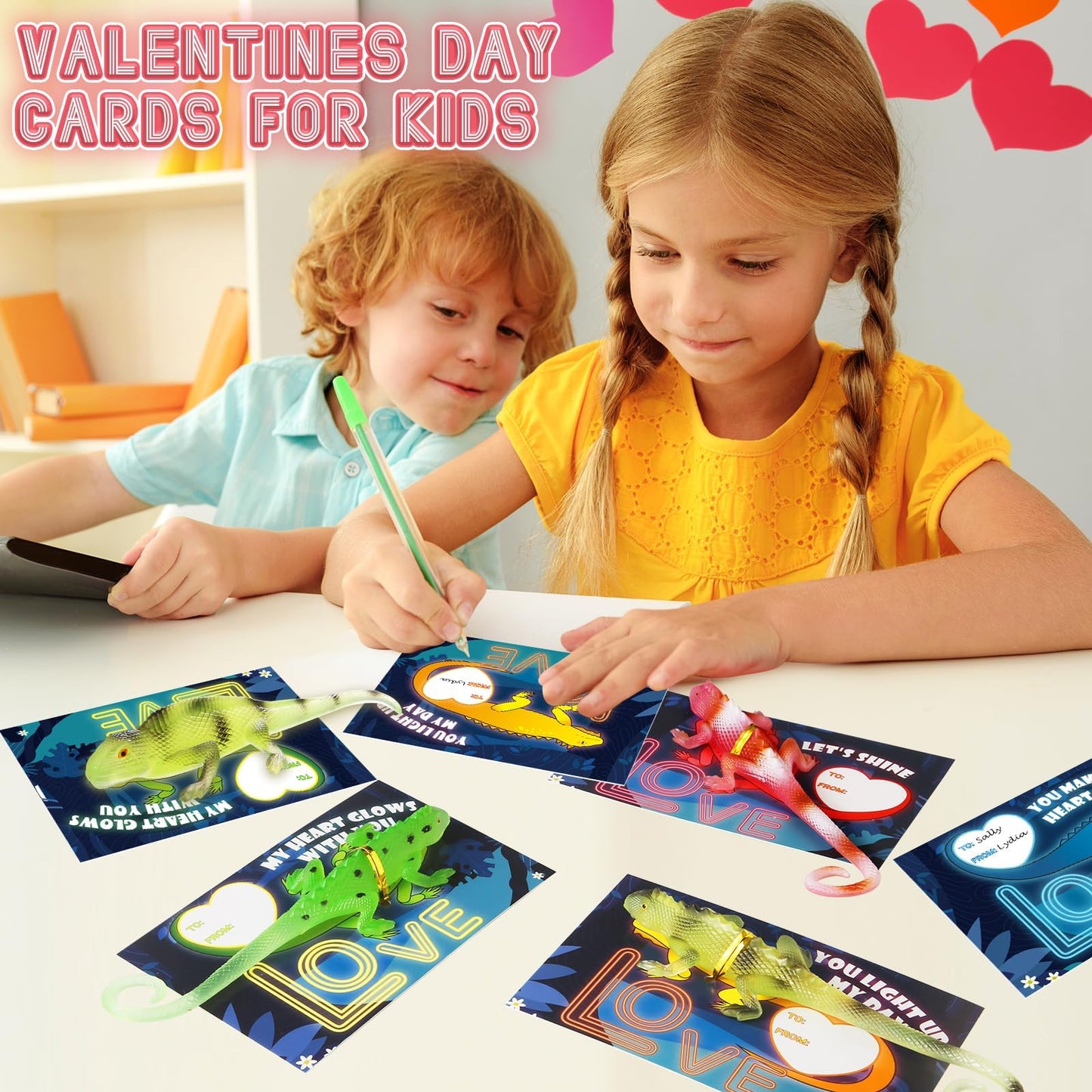 AuroTops Valentines Day Cards for Kids, 24 Pack Glow in The Dark Lizards with Valentine's Cards, Stretch Toy for Valentine Party Favors for Boys & Girls, Kids Exchange Valentine's Gifts