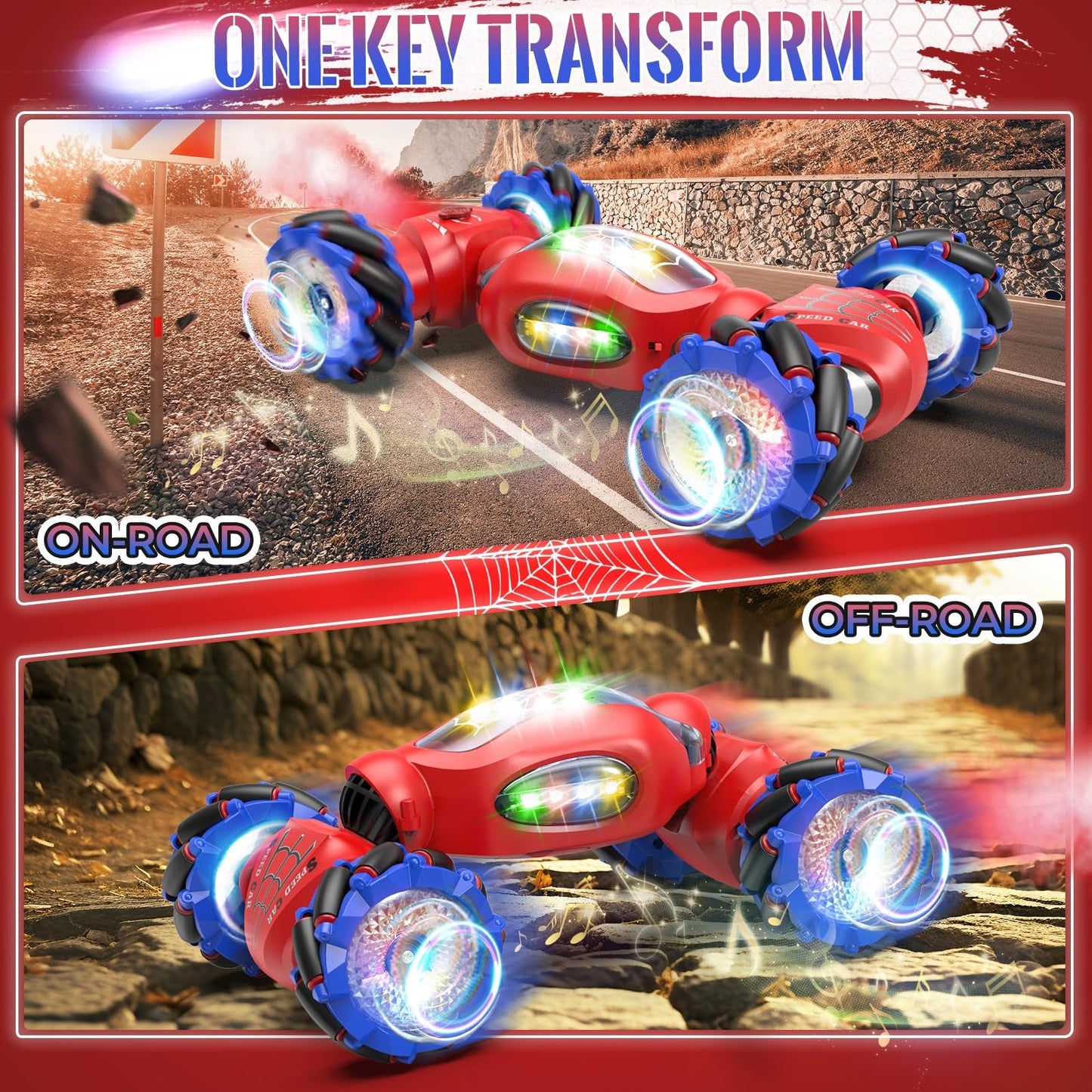 Fosgoit Spider Remote Control Car Toys for 6-12 Boys Girls, Birthday Gifts for Kids, 2.4Ghz 4WD Gesture Sensing RC Stunt Car with Light & Music & Spray, Double-Sided 360° Rotating Hand Control