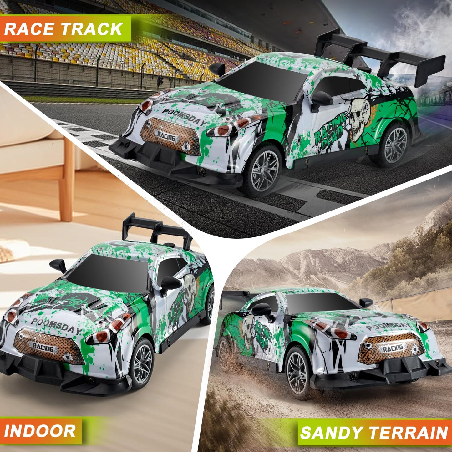 JOYBLI Remote Control Racing Car, Green Camo Design, RC Drift Car with Spray Function, Indoor & Off-Road Compatible