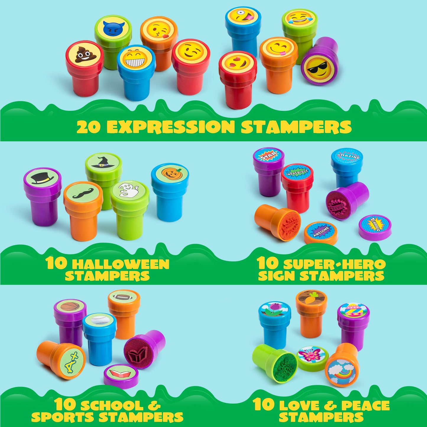 JOYIN 100PCS Assorted Stamps for Kids Self-Ink for Party Favor, Teacher Stamps, Kids Treasure Box, Prize for Classroom, Birthday School Stuffers (50 Designs, Dinosaur, Halloween Stampers)