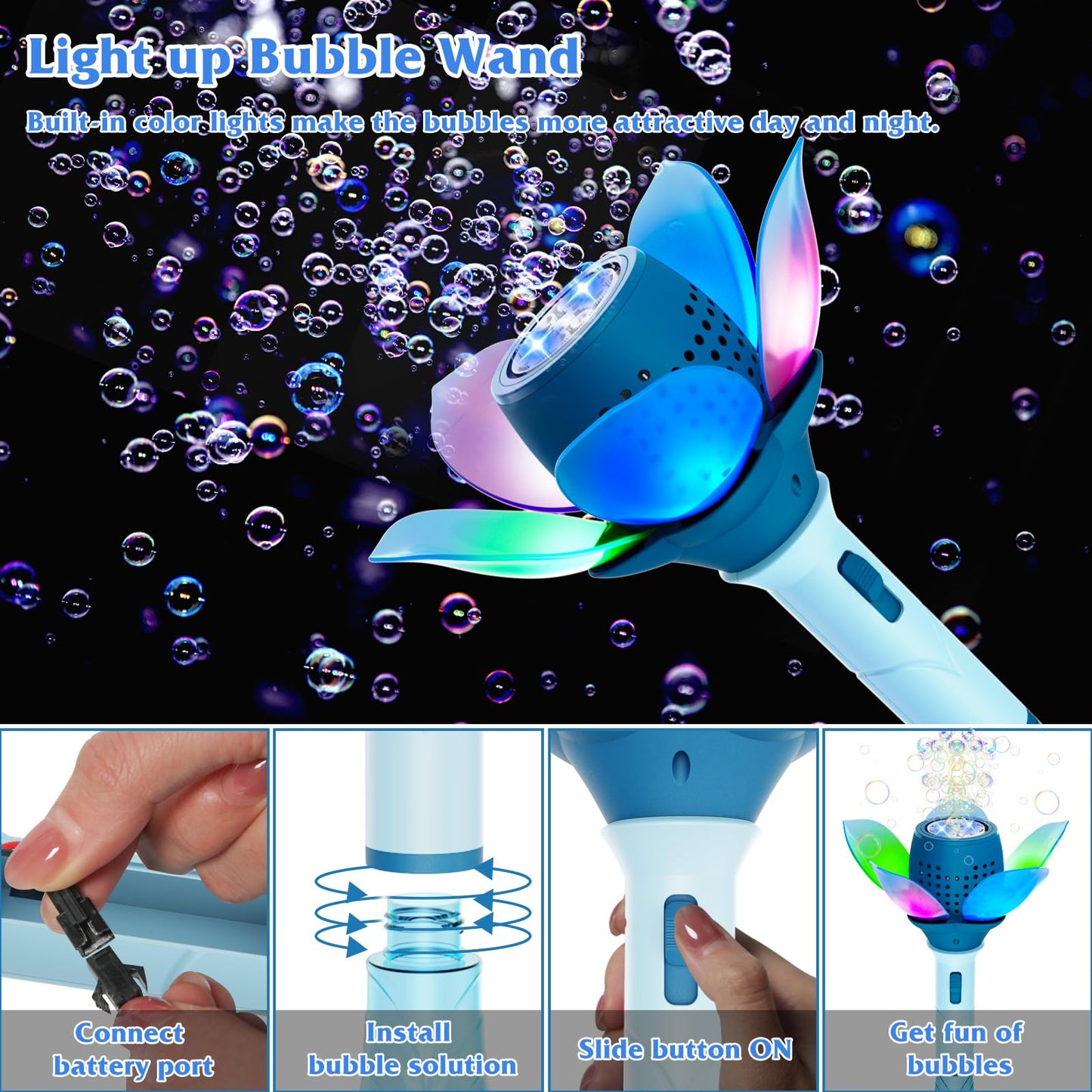 Panamalar Electric Bubble Wand for Kids, Automatic Bubble Machine 10000+ Bubbles Per Minute with Battery/Lights/120ml Solution, Light Up Flower Bubble Wand Bubble Toys for Summer Outdoor Party Wedding