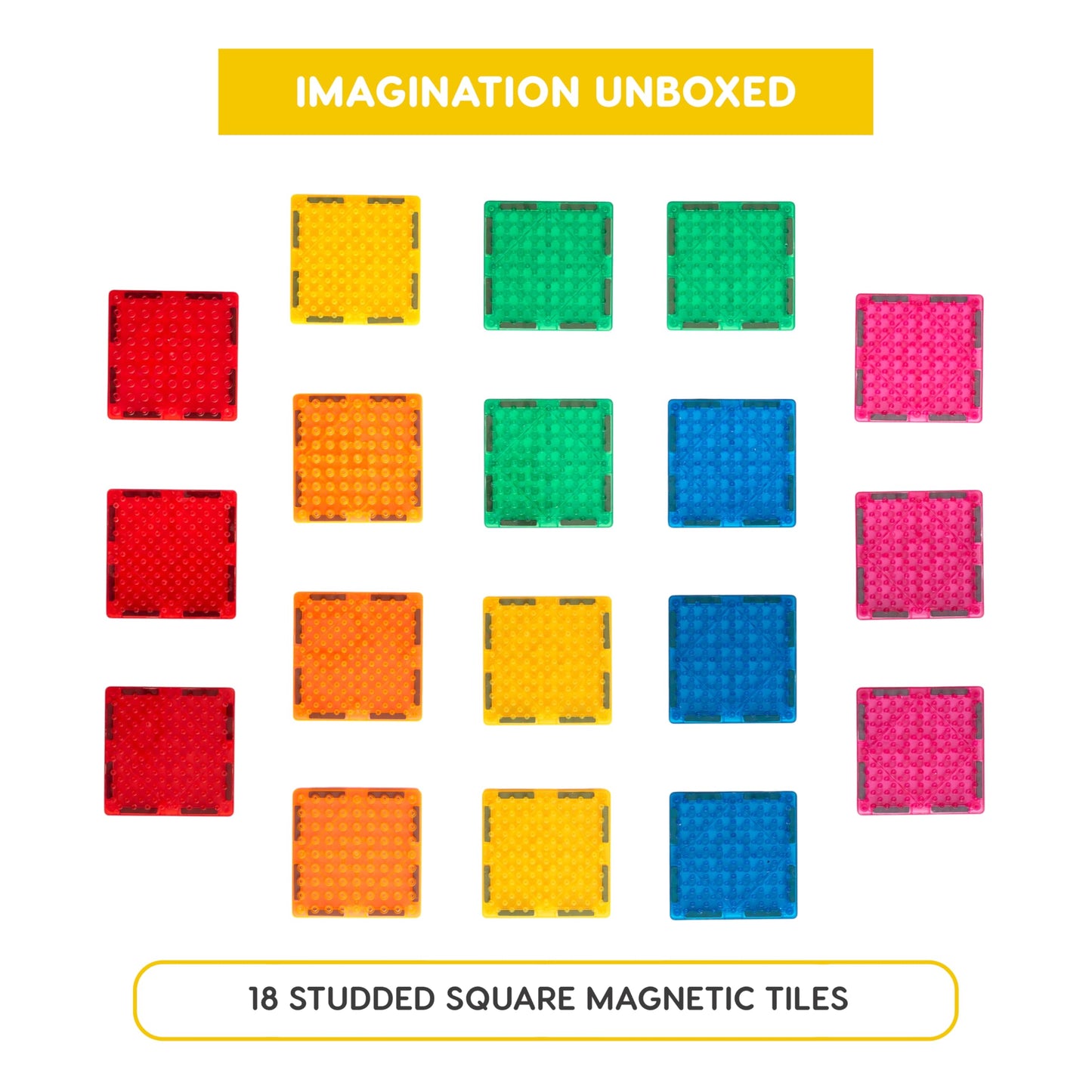Imagimags Studded Magnetic Tiles Construction Set – Building Brick Compatible Expansion Pack (18 Pieces) – Connects Magnetic Tiles to Small Building Bricks – Kids 5+