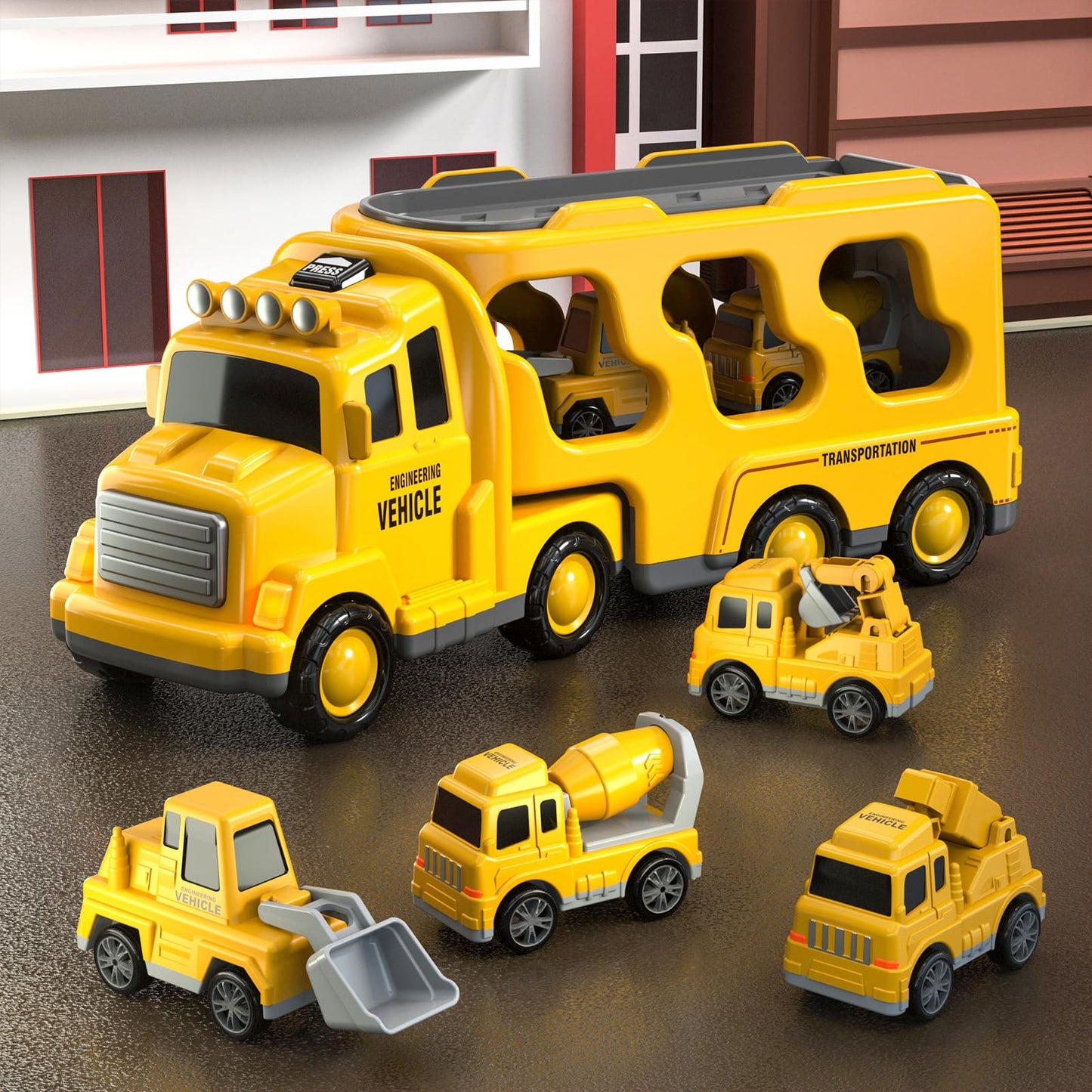 Beby Buty 5 in 1 Construction Trucks Cars Toys for Toddlers 3-5, Boy Toddler Car Truck Toys with Light Sound, Includes Crane, Mixer, Bulldozer & Excavator, Birthday Gifts Toys for 2 3 4 5 Year Boys