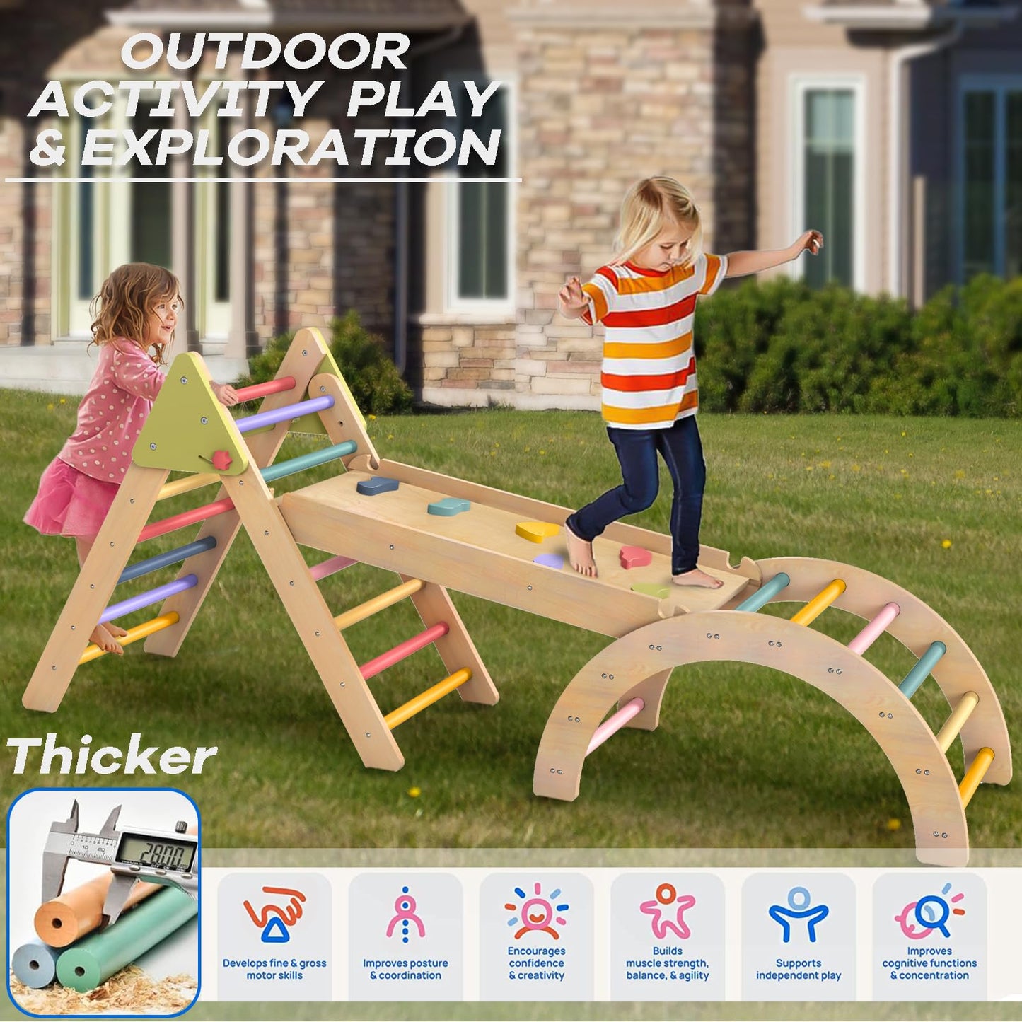 aiwo 7-in-1 Pikler Triangle Set Toddler Climbing Toys Indoor, Montessori Baby Climbing Gym, Climbing Set for Toddlers 1-3 Jungle Gym-Extra Thick