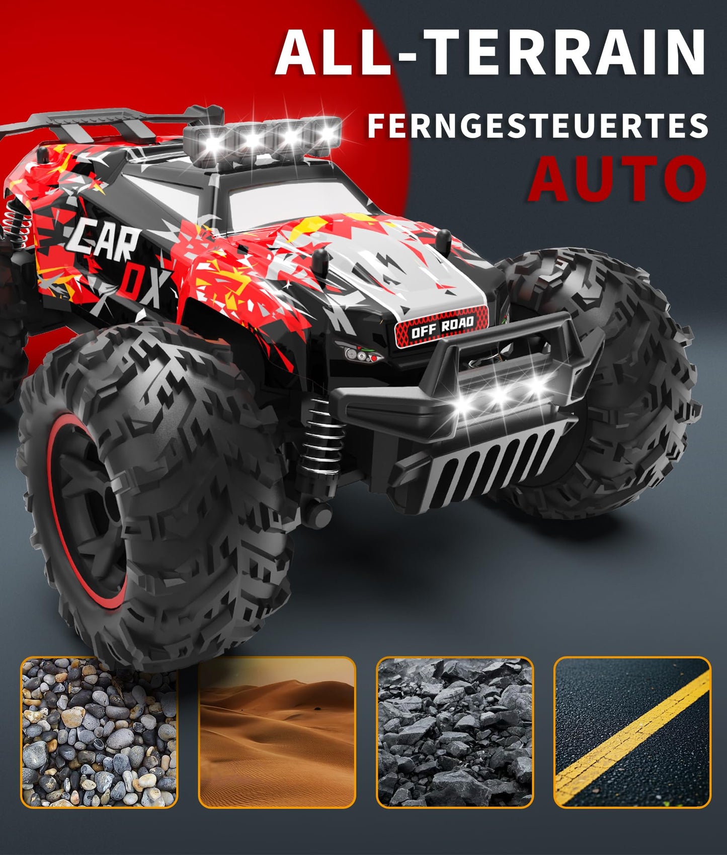 Carox Remote Control Car, 2.4GHz 26KM/H High Speed RC Car, 1:18 Off-Road Monster Truck with LED Lights, Proportional Throttle & 1800mAh Rechargeable Batteries – Ideal Gift for Boys 6+ (RED)