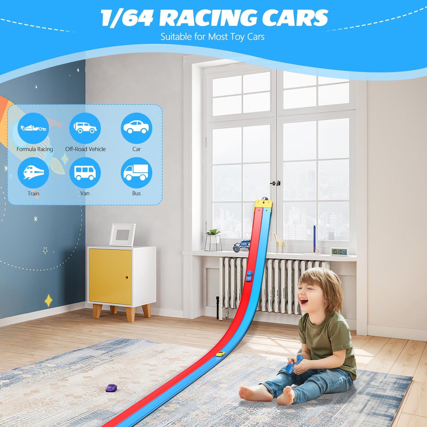 15FT Flexible Race Track with 4 Cars - DIY Car Ramp Track for Jumps, Loops, Ramps - Portable Roll-Up Dual Racetrack for Indoor Outdoor Play, Ages 3+ (Blue+Red)