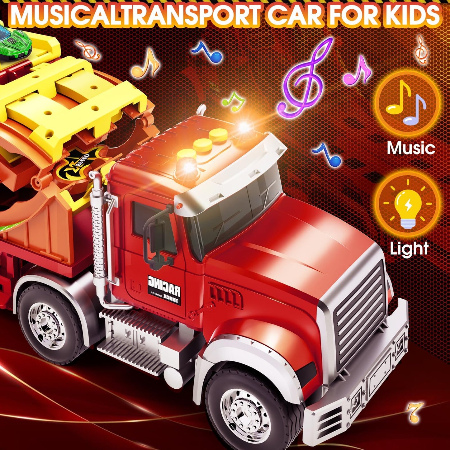 Truck Car Toys for 3, 4, 5, 6, 7, 8 Years Old Kids, Carrier Truck Race Track Toys, Foldable Transport Car Toys with Foldable Race Tracks and 6 Metal Cars, Birthday Gifts for Toddler Boys Girls (Red)