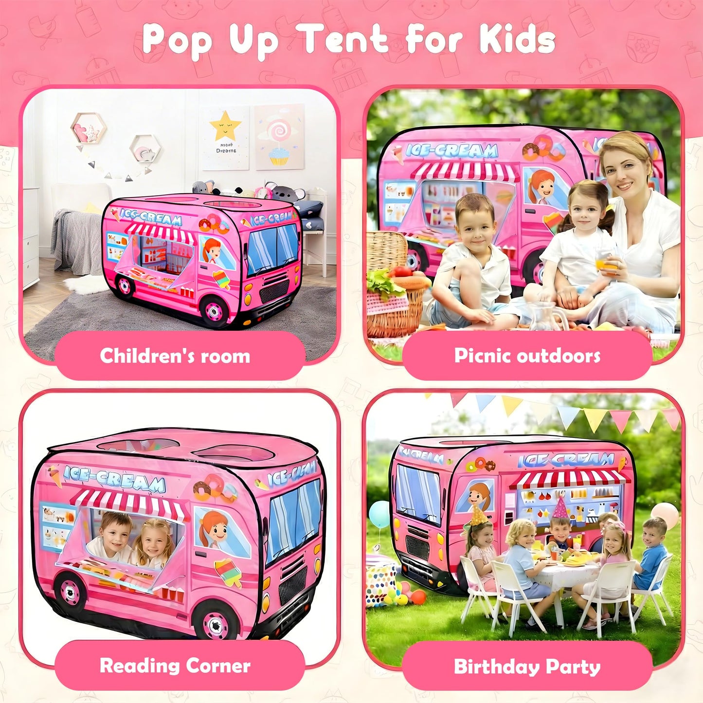 DOOLMIN Pop Up Play Tent for Kids - Foldable Indoor & Outdoor Playhouse Vehicle Toys for Toddlers, Boys and Girls - 2 Openings, Flat-Folding for Compact Storage(Ice Cream Car,Pink)