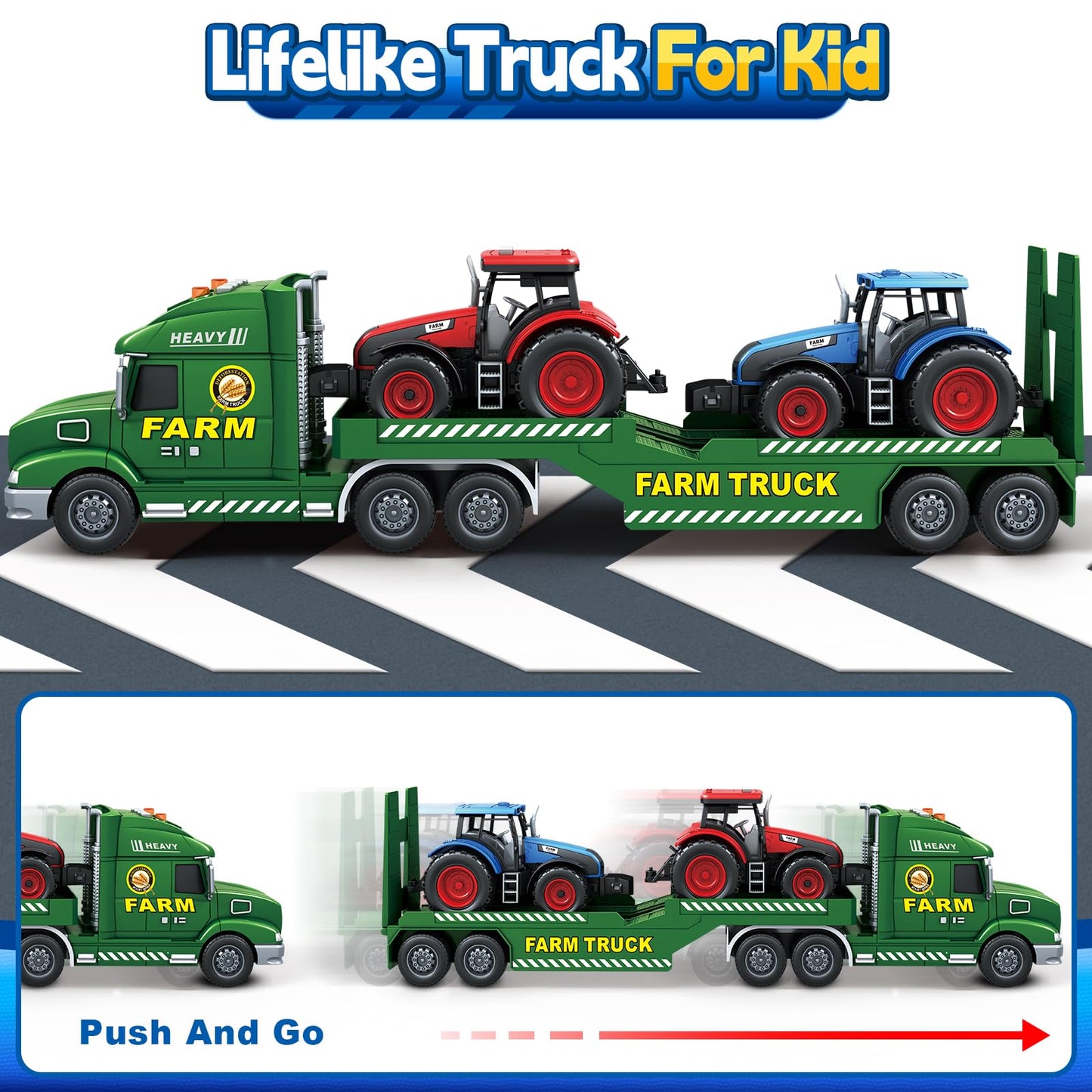 Bstoyder Toddler Boy Toys for 3 4 5 6 7 Years Kids, 27" Semi Flatbed Truck Toy with 2 Tractors, Friction Powered Vehicles Toys with Lights and Sounds, Birthday for Boy Girls