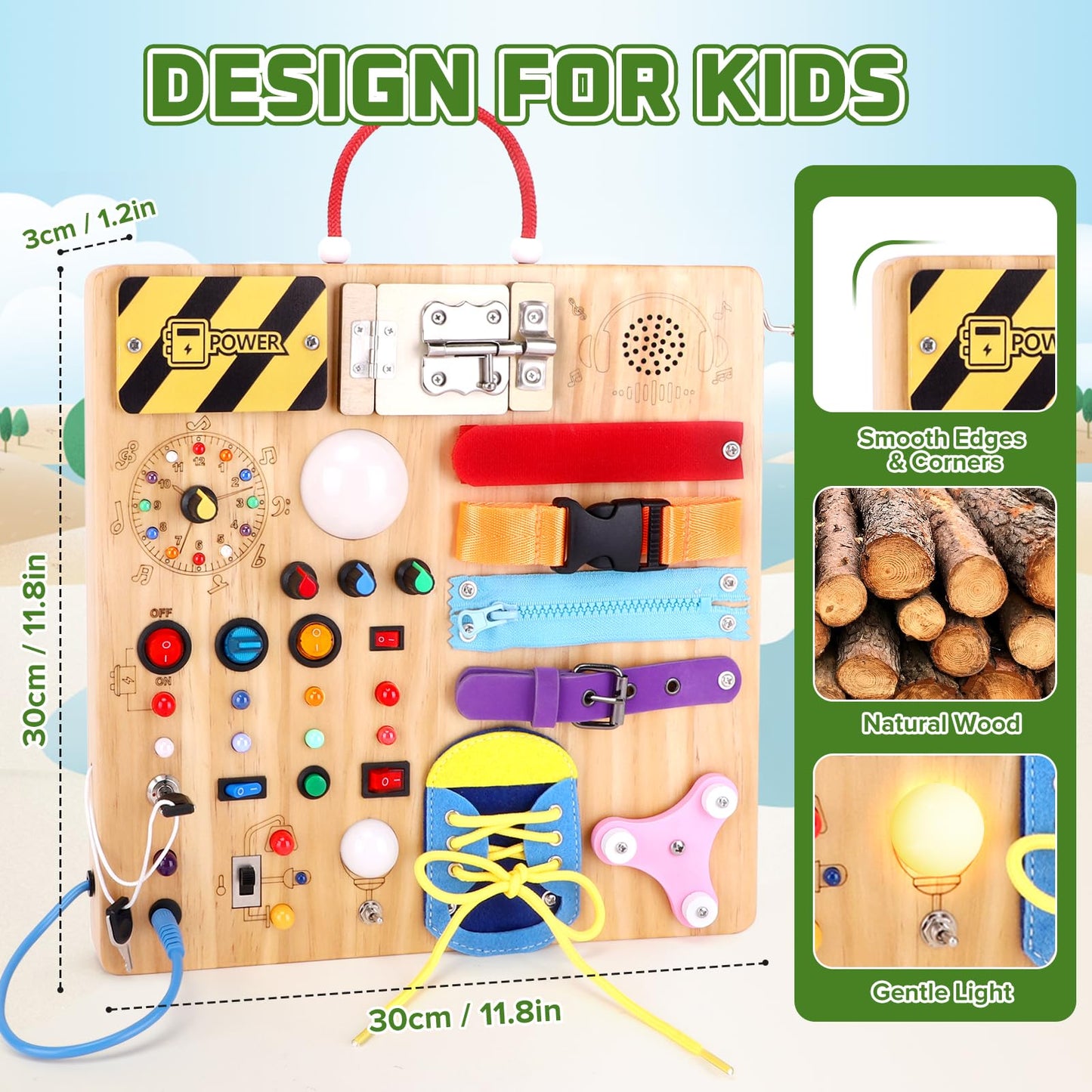 23-in-1 Montessori Busy Board with LED Lights Educational Wooden Activity Toy for Toddlers Ages 1-3, Travel Sensory Board with Switches Locks Music Box Fine Motor Skills Learning Toy for Boys Girls