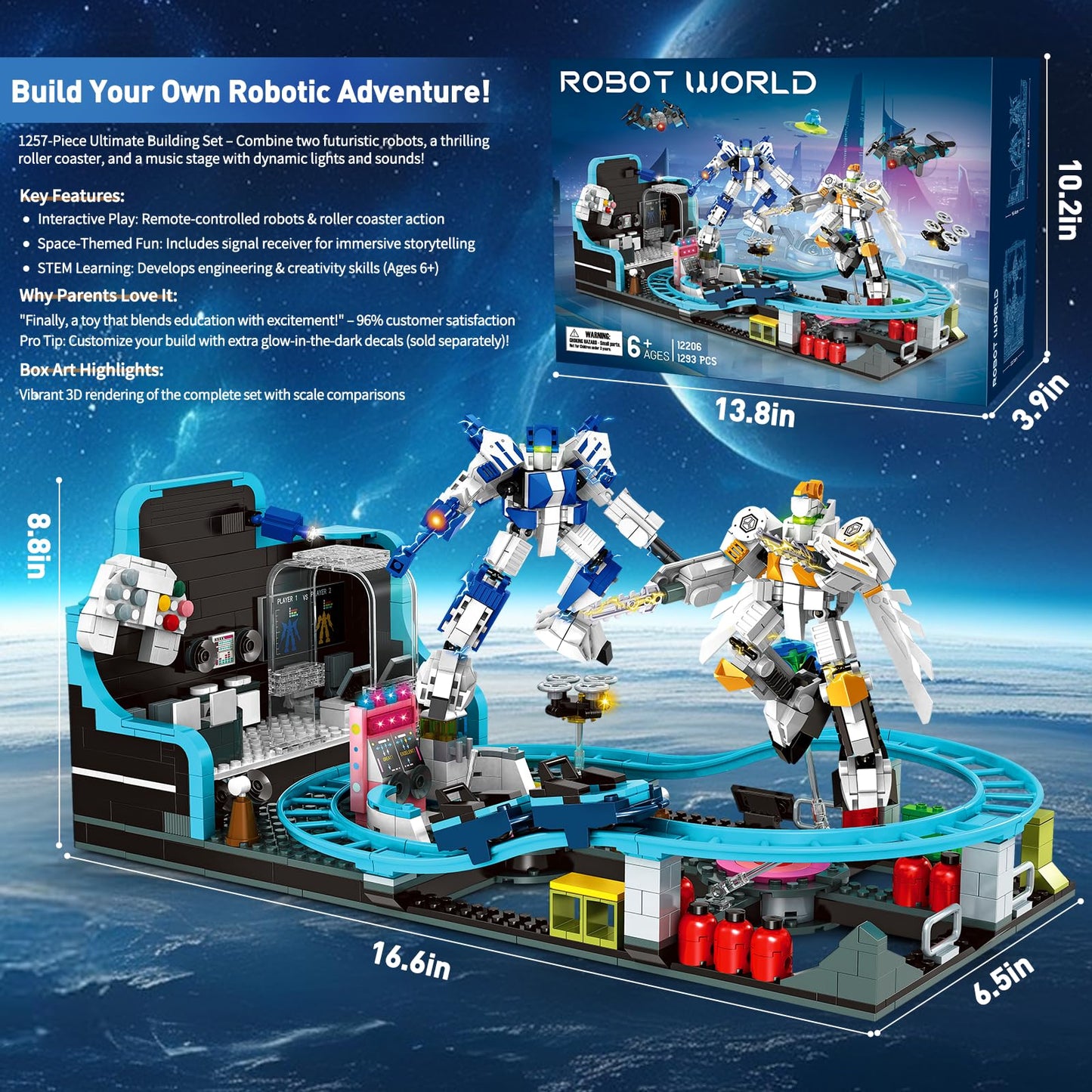Rongmeiz Space Roller Coaster Building Toy for Kids 6+,1293 PCS Robot Roller Coaster Amusement Park Block Building Set Interactive Space Station Construction Kit Birthday Gift for Boys & Girls 6+