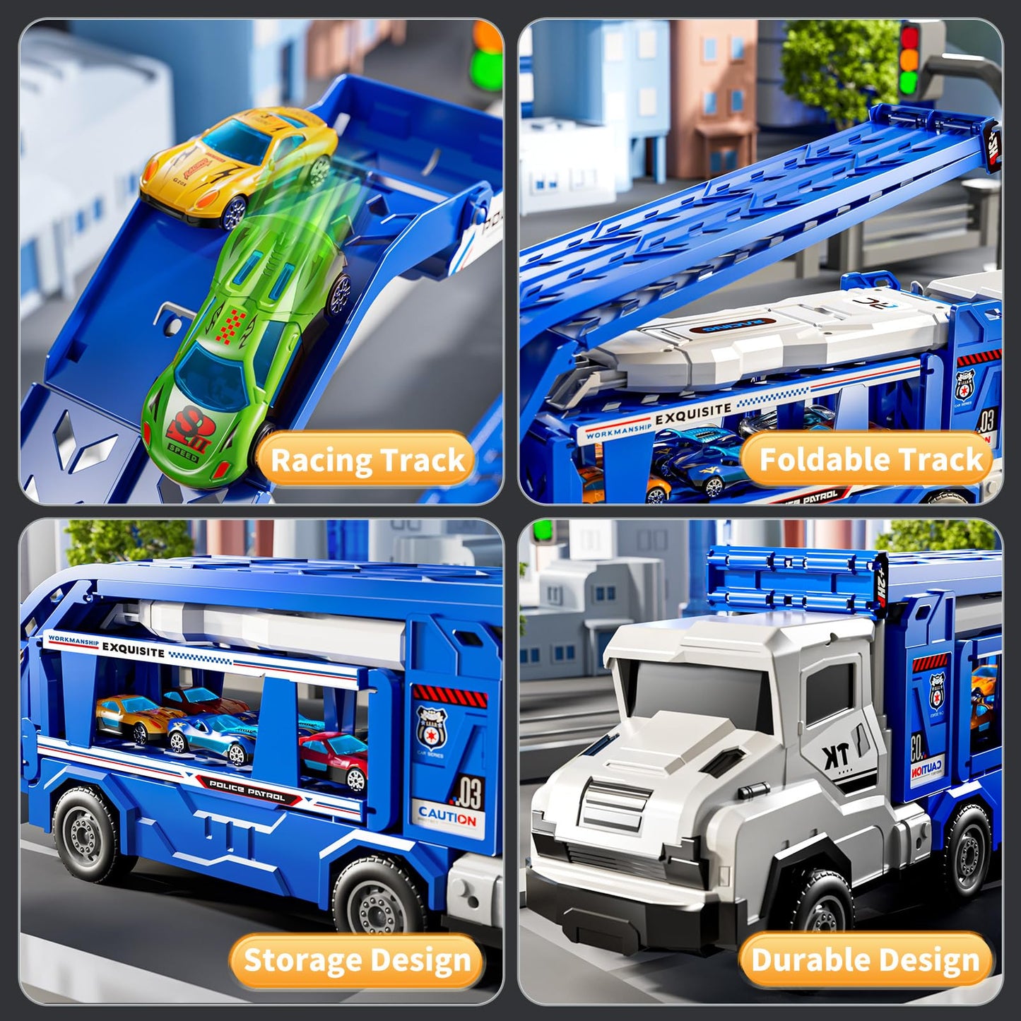 GOGIHCCH 3-in-1 Kids Carrier Truck Toy Car Tracks for Toddlers 2-4 Years Old with 12 Racing Cars Toys, Foldable Chasing Race Track and Car Garage, Car Ramps Birthday Gift for Boys Girls 3-5 4-8(Blue)