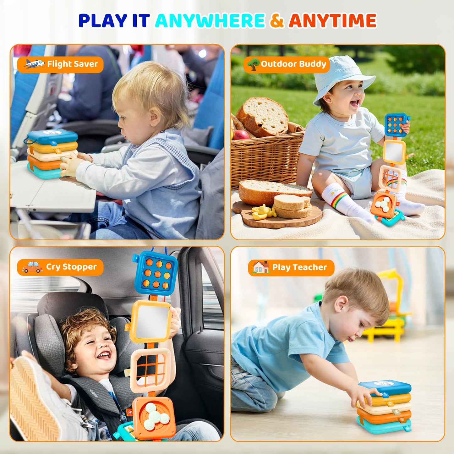 Montessori Busy Board for 1 Year Old, Airplane Toys for Babies 6-12 Months, Sensory Fine Motor Skills Activity Cube, Baby Travel Car Seat Toys for Toddler 1-3