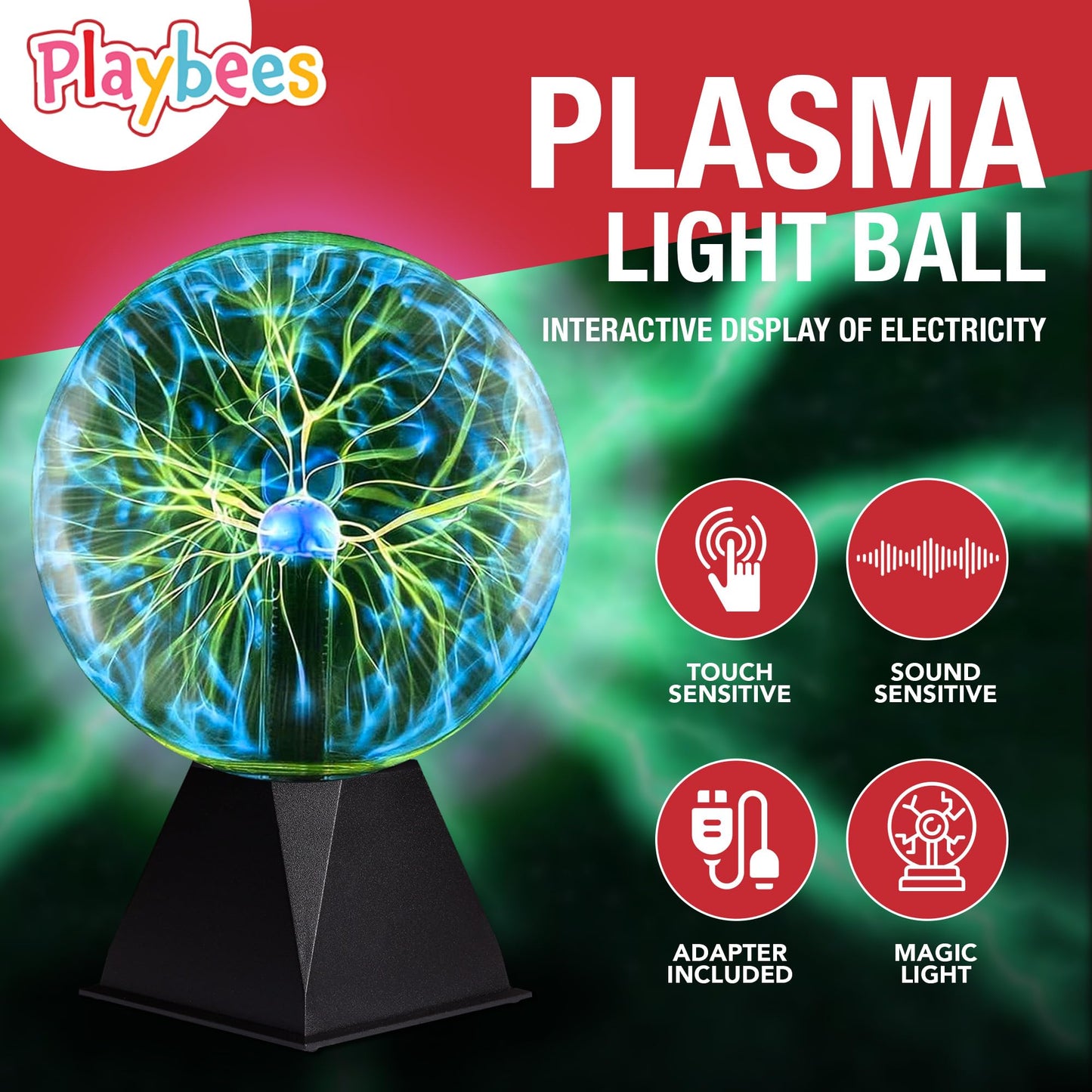 Playbees Green Plasma Ball - 7 Inch - Tesla Coil Bulb Static Electricity in a Vacuum Pressurized Glass Globe, Nebula Thunder Lightning, Plug-in - for Parties, Decorations, Prop, STEM