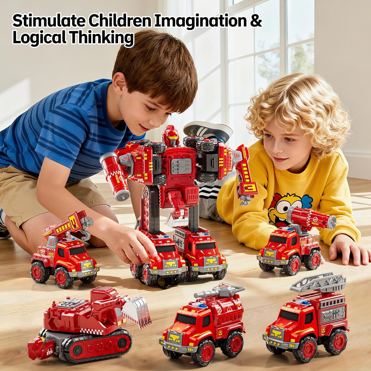 KIZONLY Transform Toys for Boys 4-6, 5 in 1 Take Apart Toys for Boys 3-5, Fire Firetruck Transforming Assembling Robot Toy for Kids, Educational Birthday Gift for 4 5 6 7 8 Year Old Boy Girls