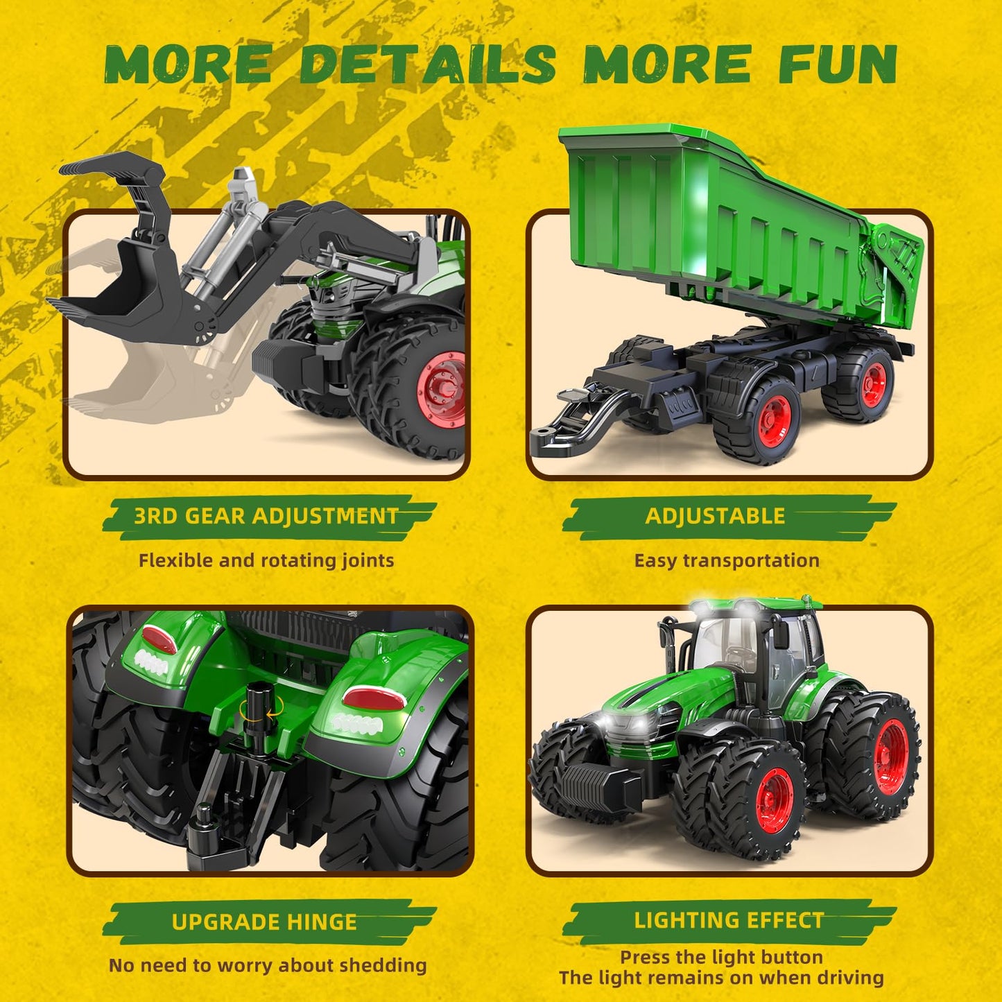YKTrevok Remote Control Tractor Toy with Trailer | 2-in-1 8-to-4 Wheel Convertible Front Loader Tractor, Openable Doors & Hood with Lights, Farm Animals & Hay Bales, Gift for Kids Ages 3-9
